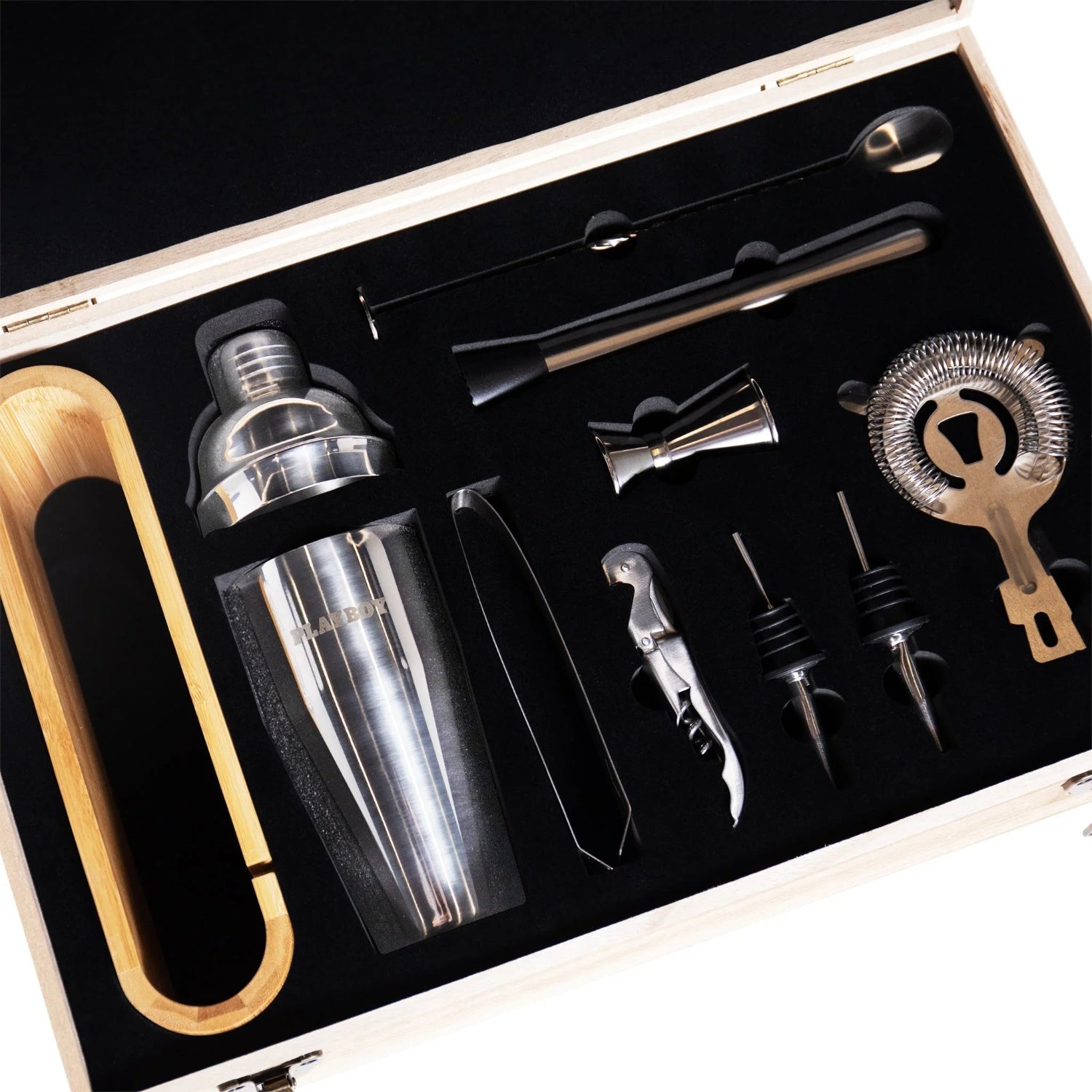 Stainless steel 10-piece bar tool kit in a wooden box with shaker, strainer, jigger, and accessories