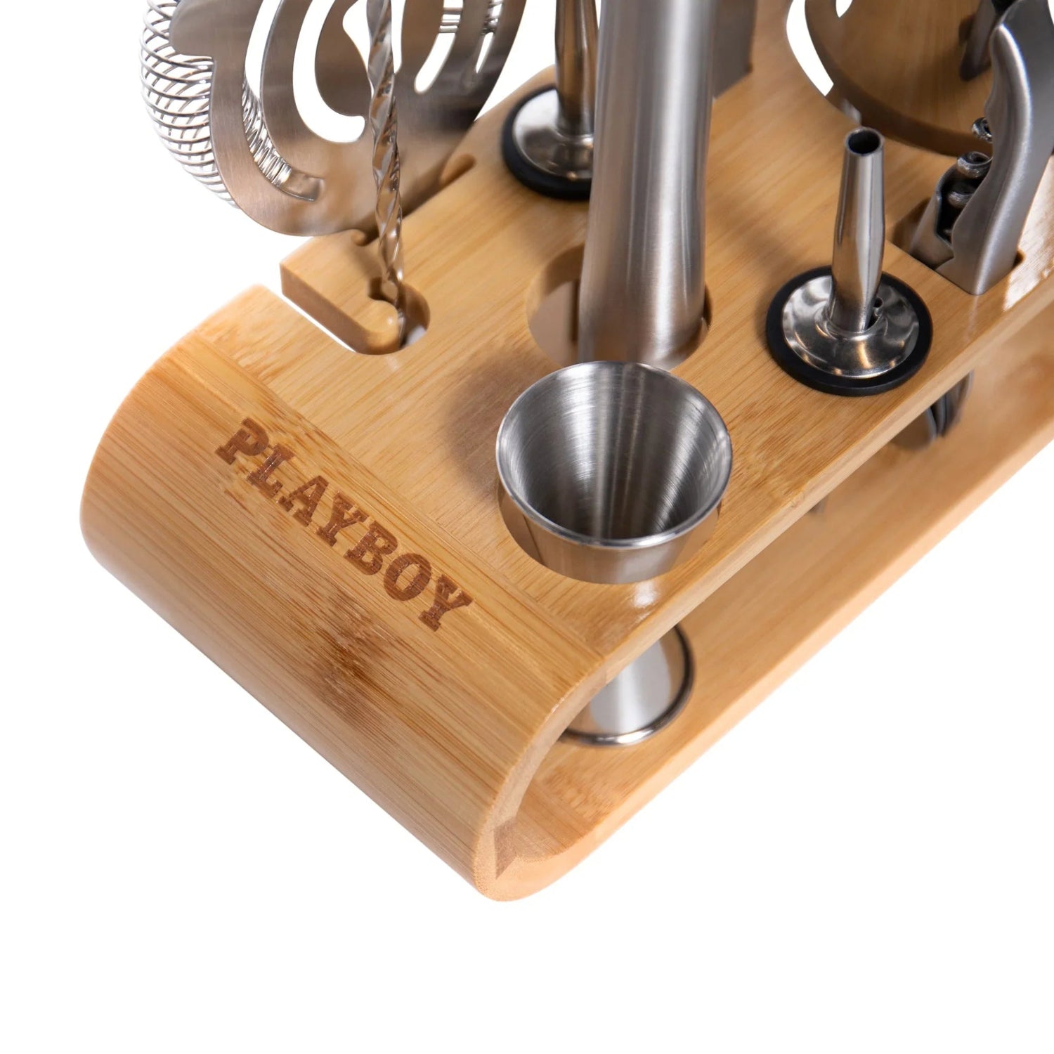 10-piece stainless steel bar tool set in a bamboo organizer with engraved Playboy logo
