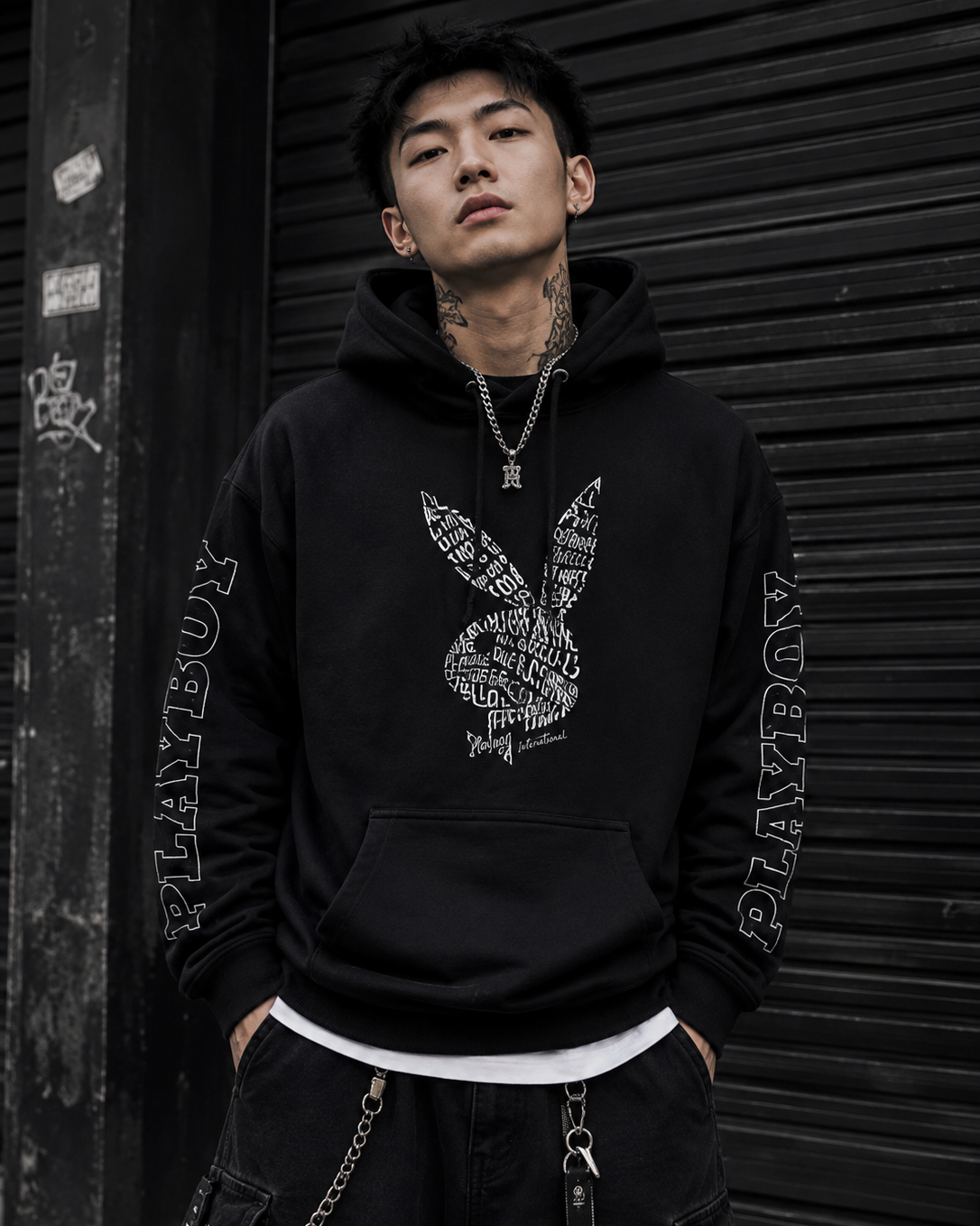A man wearing a black Playboy hoodie with a white graphic logo and 'PLAYBOY' text down the sleeves, standing in front of a dark metal shutter. #Streetwearmen