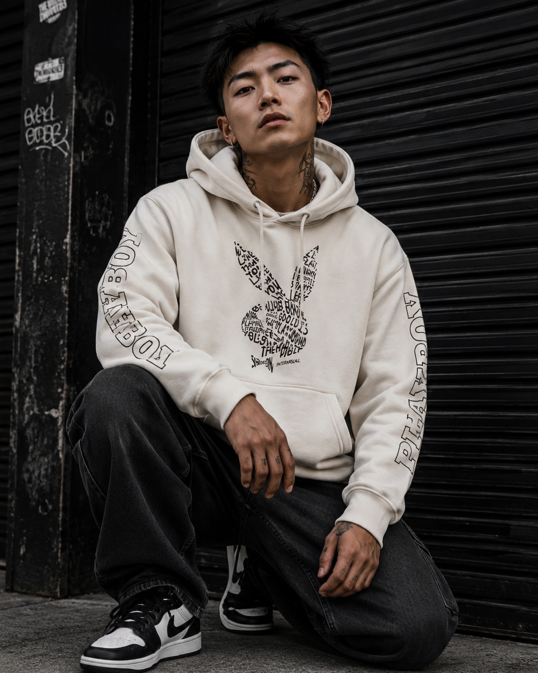 A man wearing a cream-colored Playboy hoodie with a black graphic print, black jeans, and black-and-white sneakers, crouching in front of a black metal shutter. #Streetwearmen