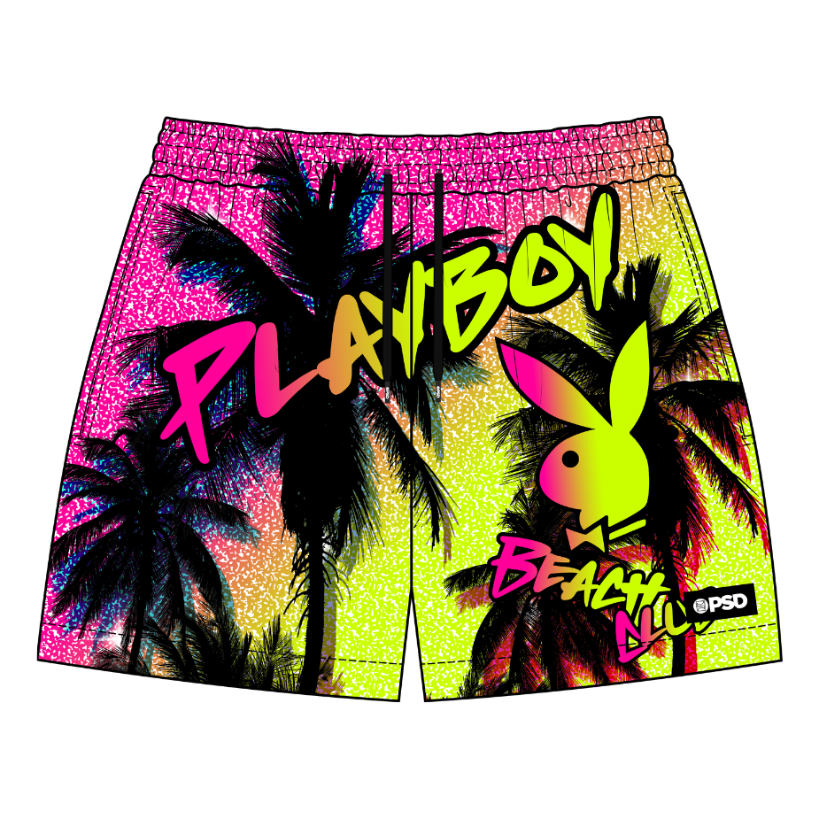 Playboy branded shorts with palm trees and colorful design on a white background