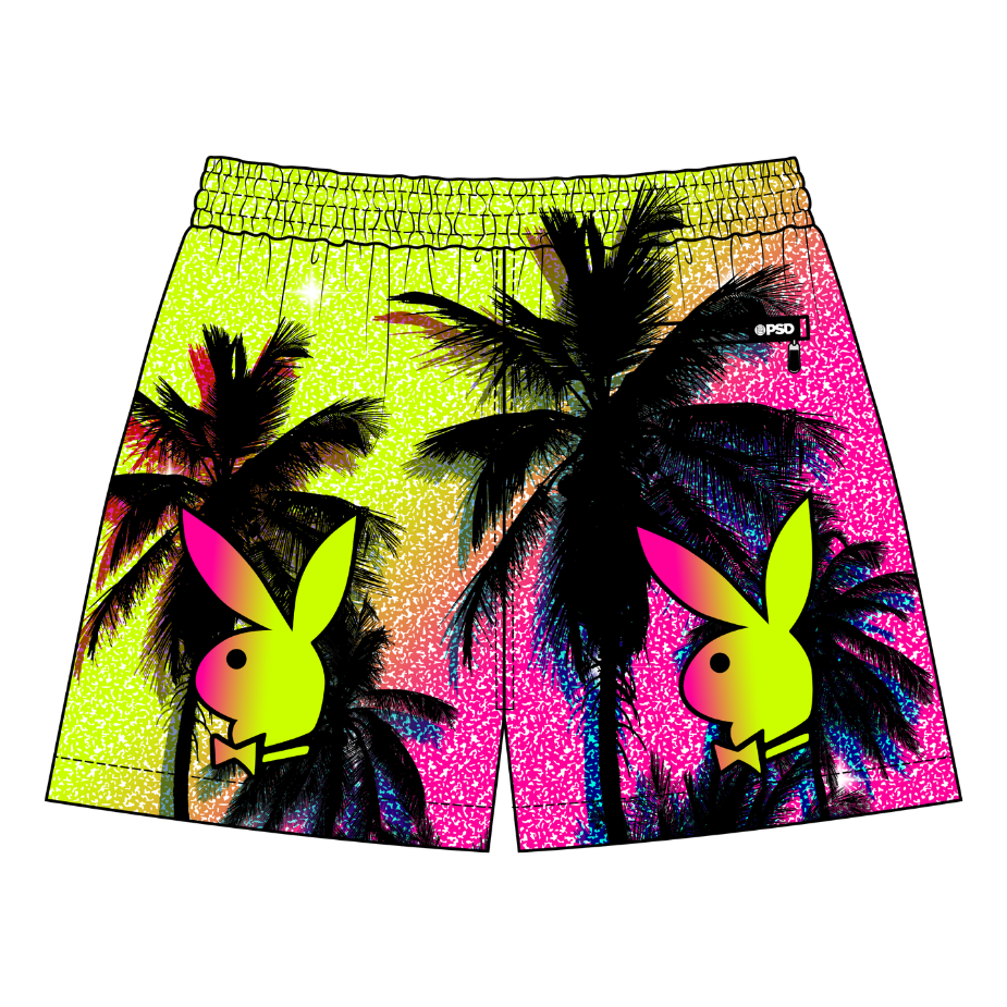 Neon shorts with palm trees and Playboy bunny design on a white background