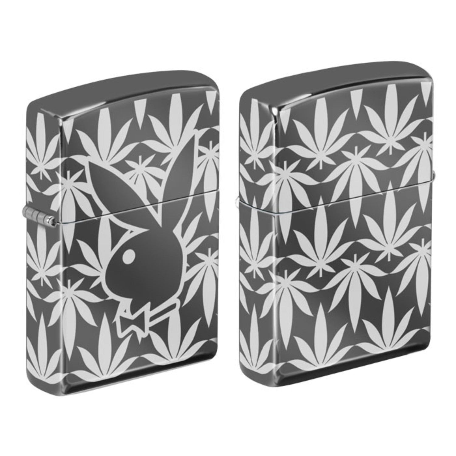 Lighter with white leaf pattern on a black background