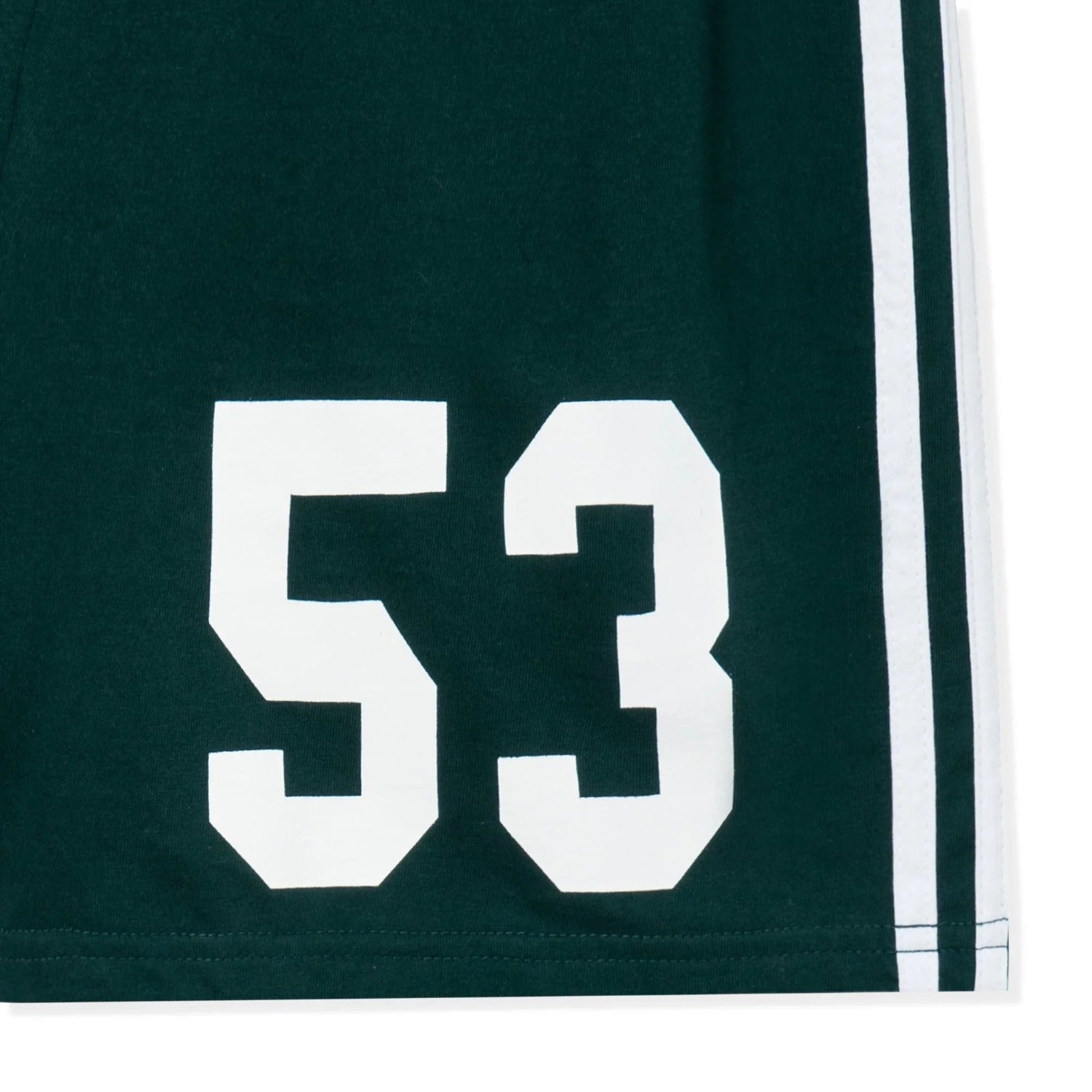 Green sport shorts with white stripes and bold number 53 print on the leg
