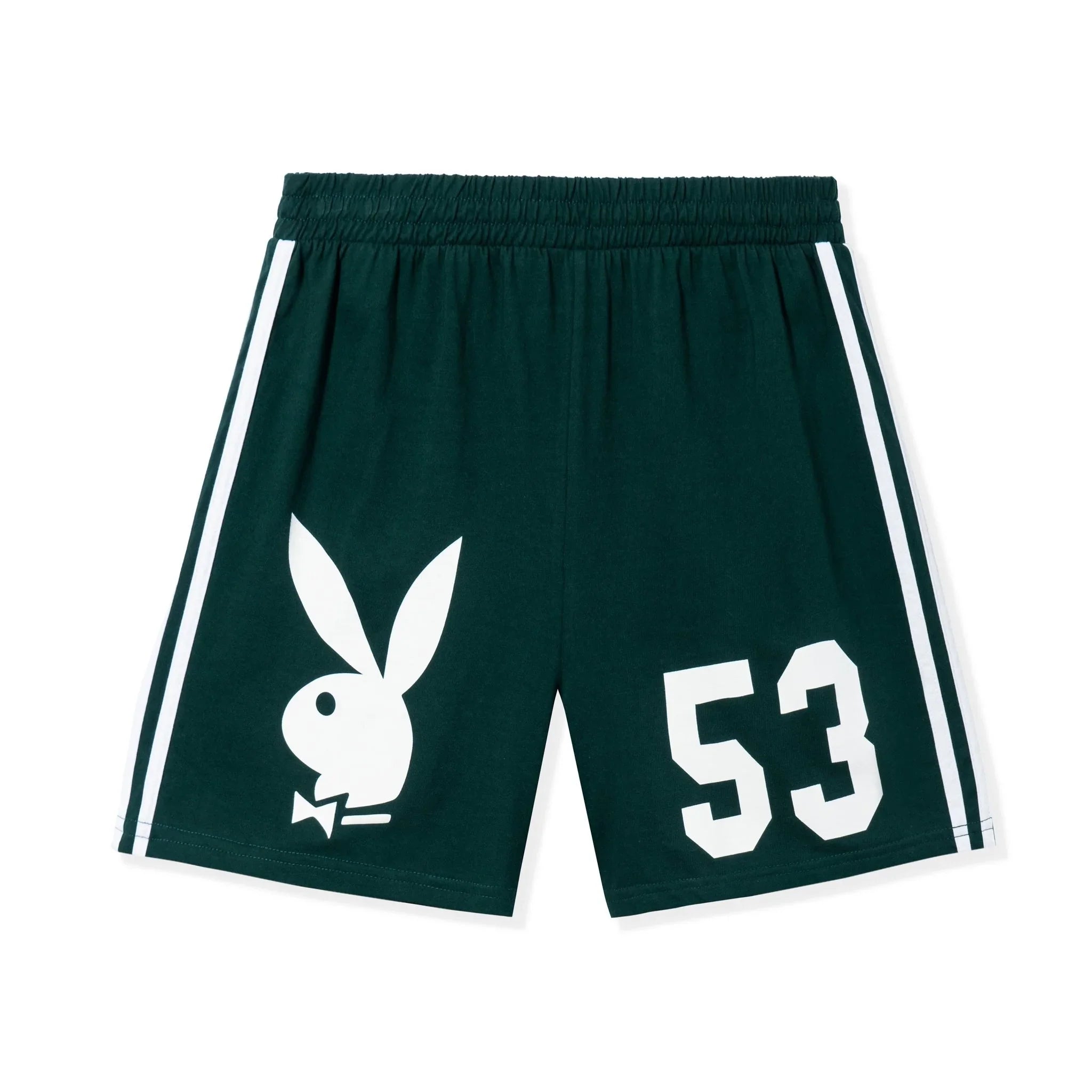 Dark green athletic shorts with white bunny logo, number 53, and side stripes