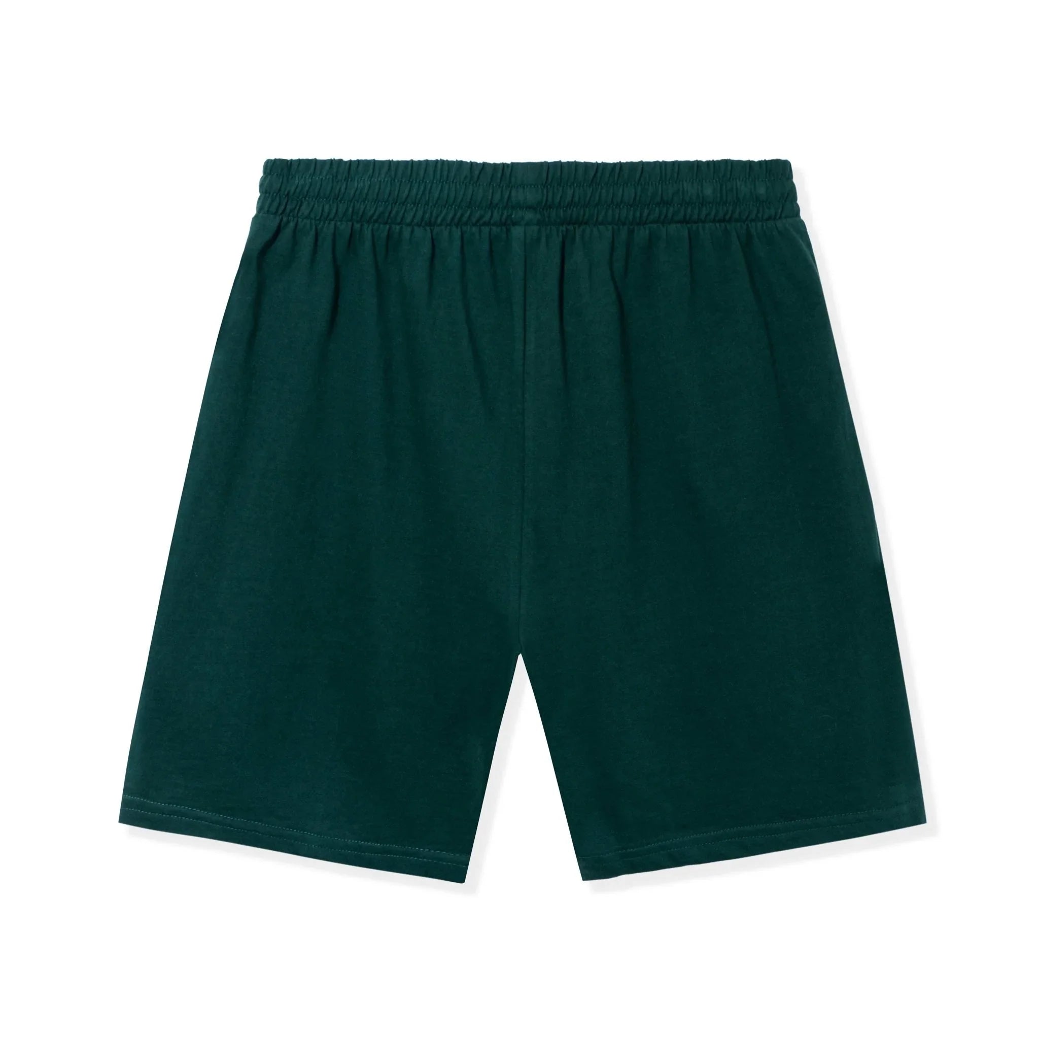 Dark green athletic shorts with elastic waistband, flat lay on white background