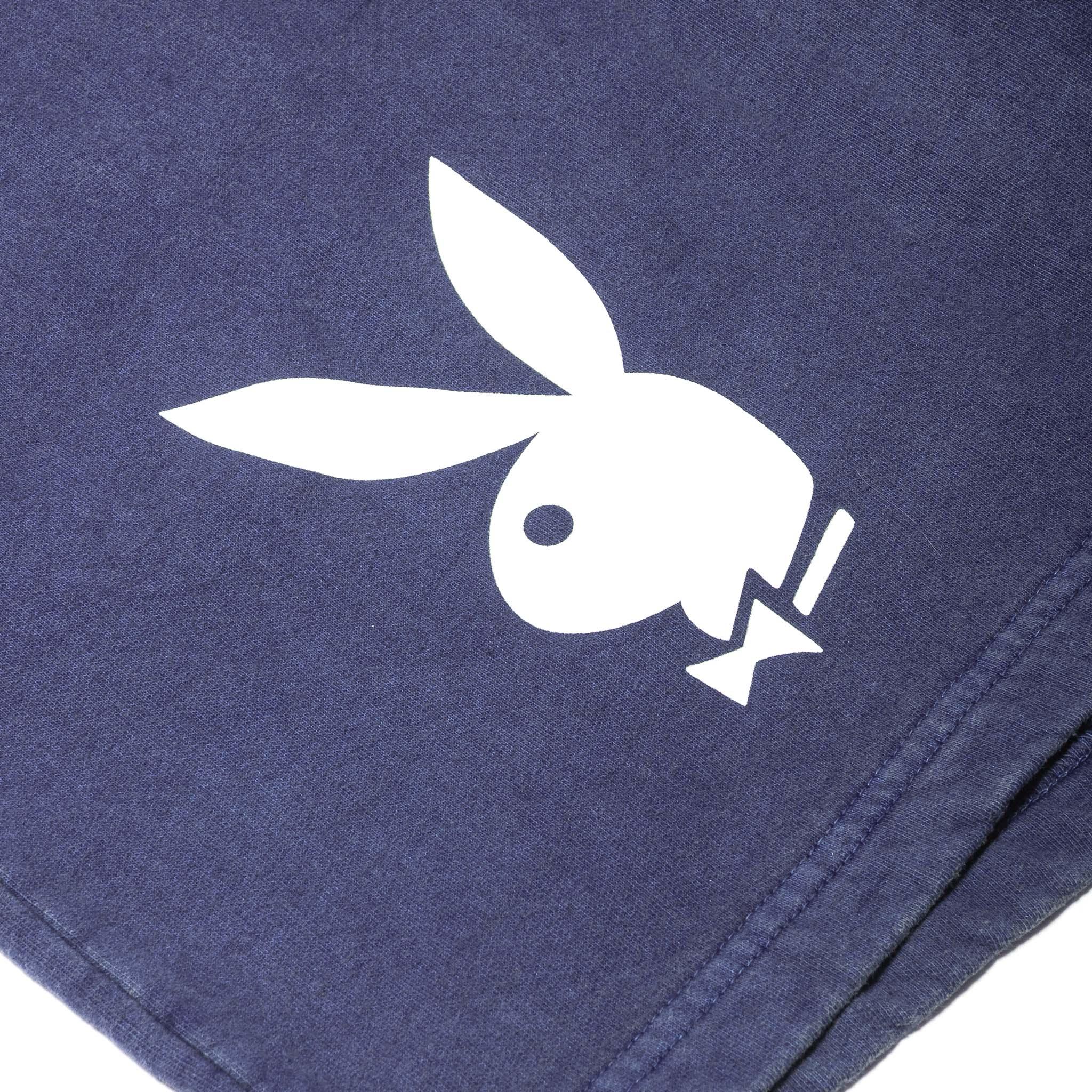 Navy blue sweatshorts with white bunny logo graphic print on soft fabric