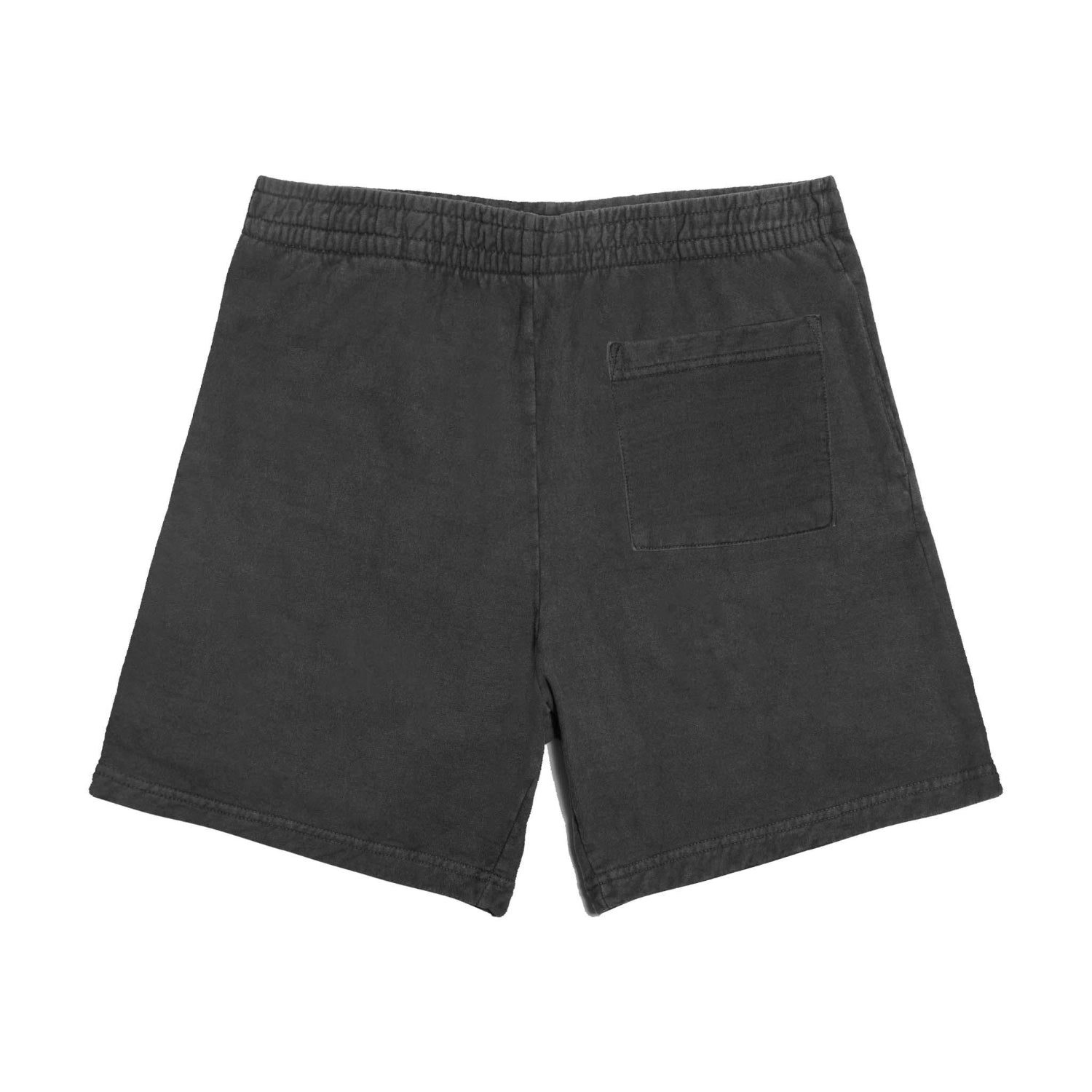 Back view of black men's sweatshorts with elastic waistband and single rear pocket