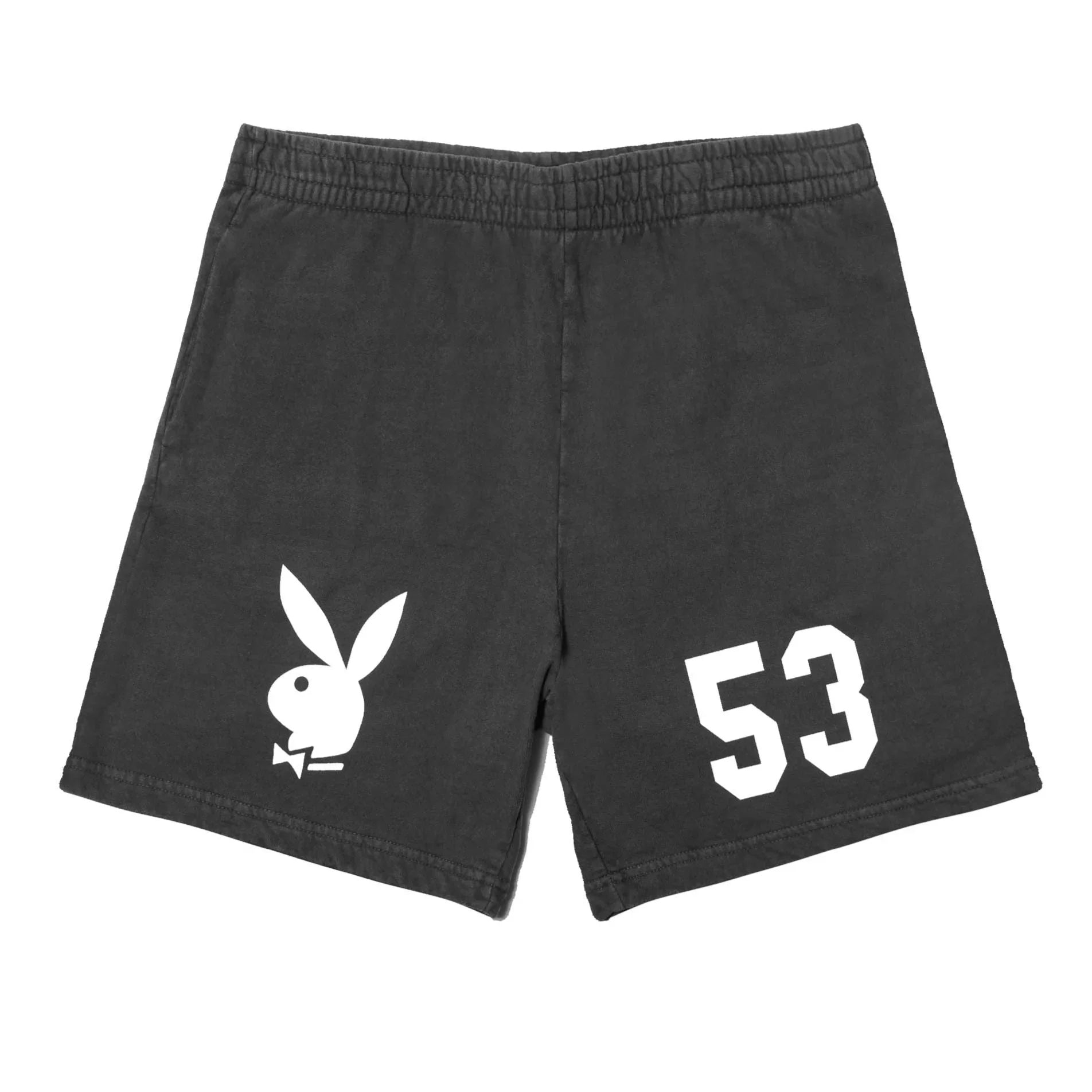 Black sweat shorts with white bunny logo and number 53 graphic on the front