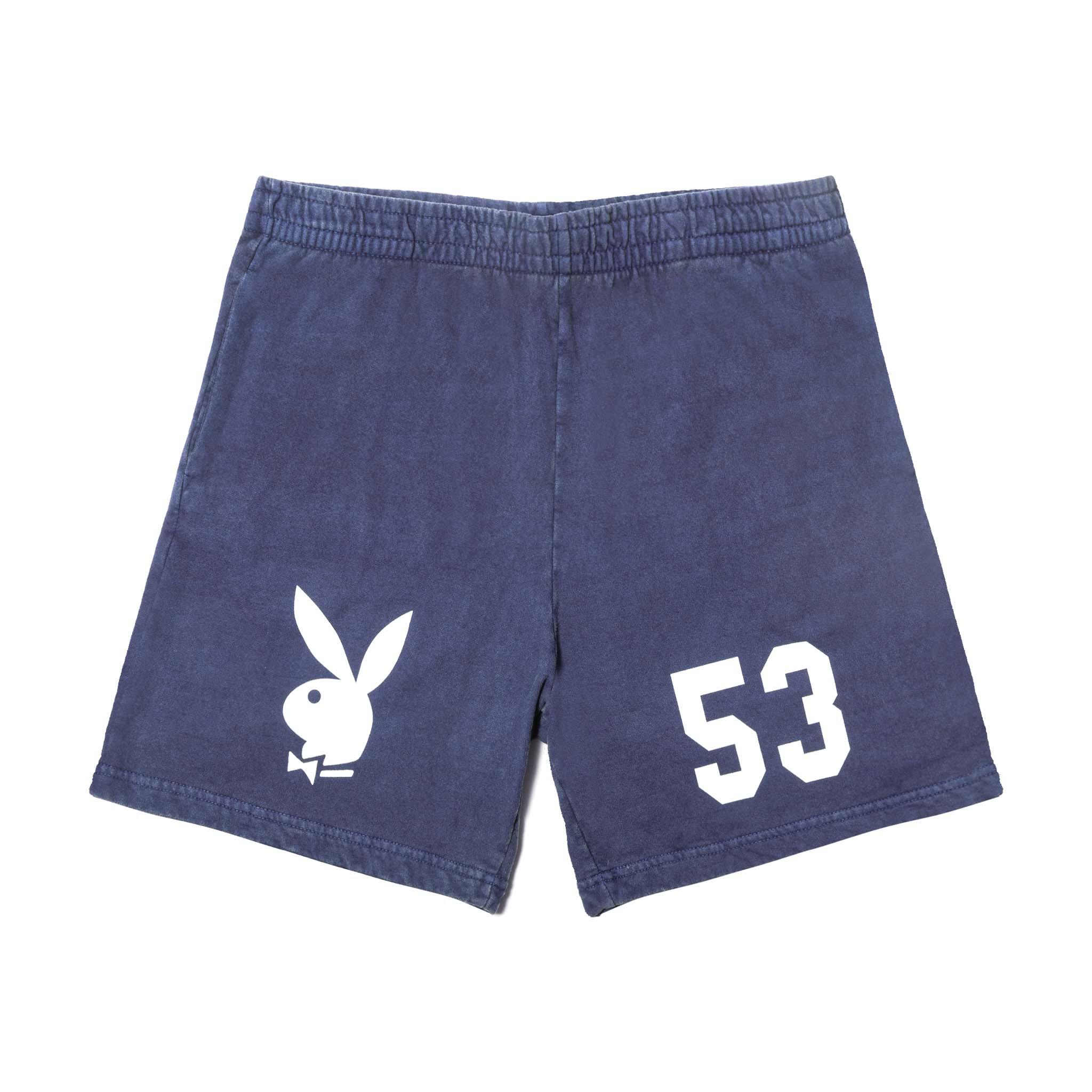 Navy blue sweat shorts with white rabbit logo and number 53 print, elastic waistband