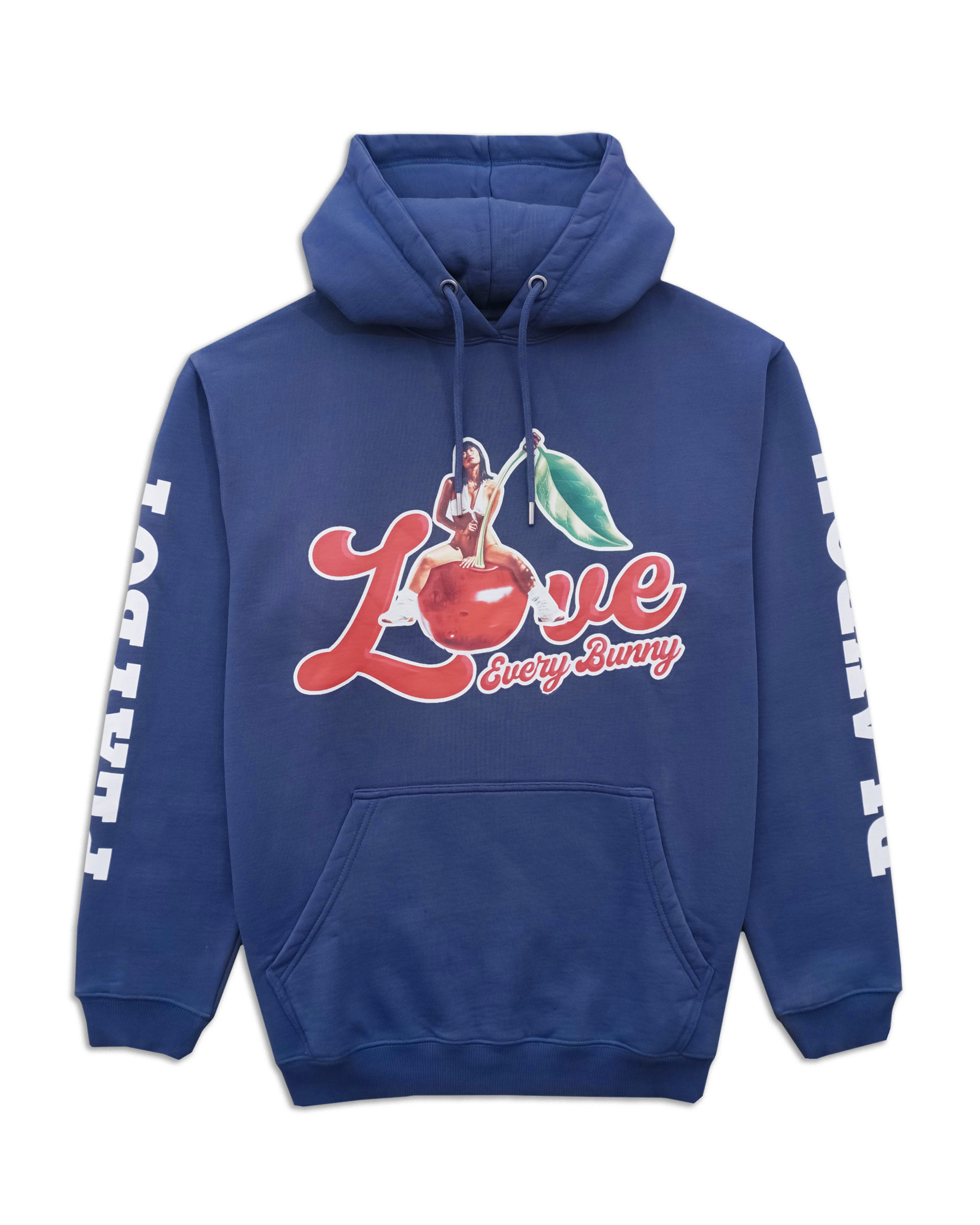 A royal blue pullover hoodie with a graphic on the chest featuring a red apple, a bunny, and the text 'Love Every Bunny' in red and green. The sleeves have white vertical text reading 'FOURTH DAY'.