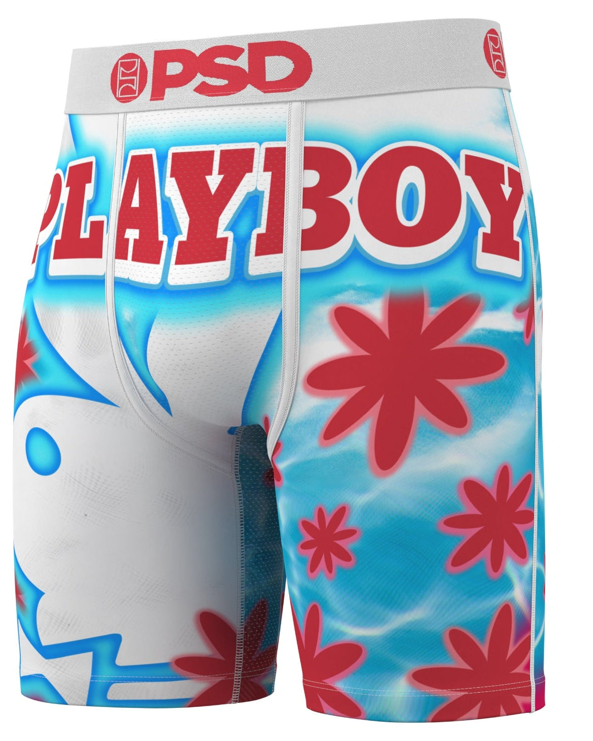 Playboy branded boxer briefs with floral design on a white background