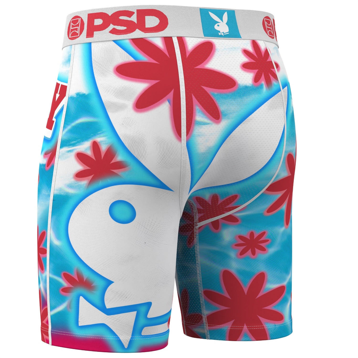 Boxer briefs with floral design and visible branding on a white background