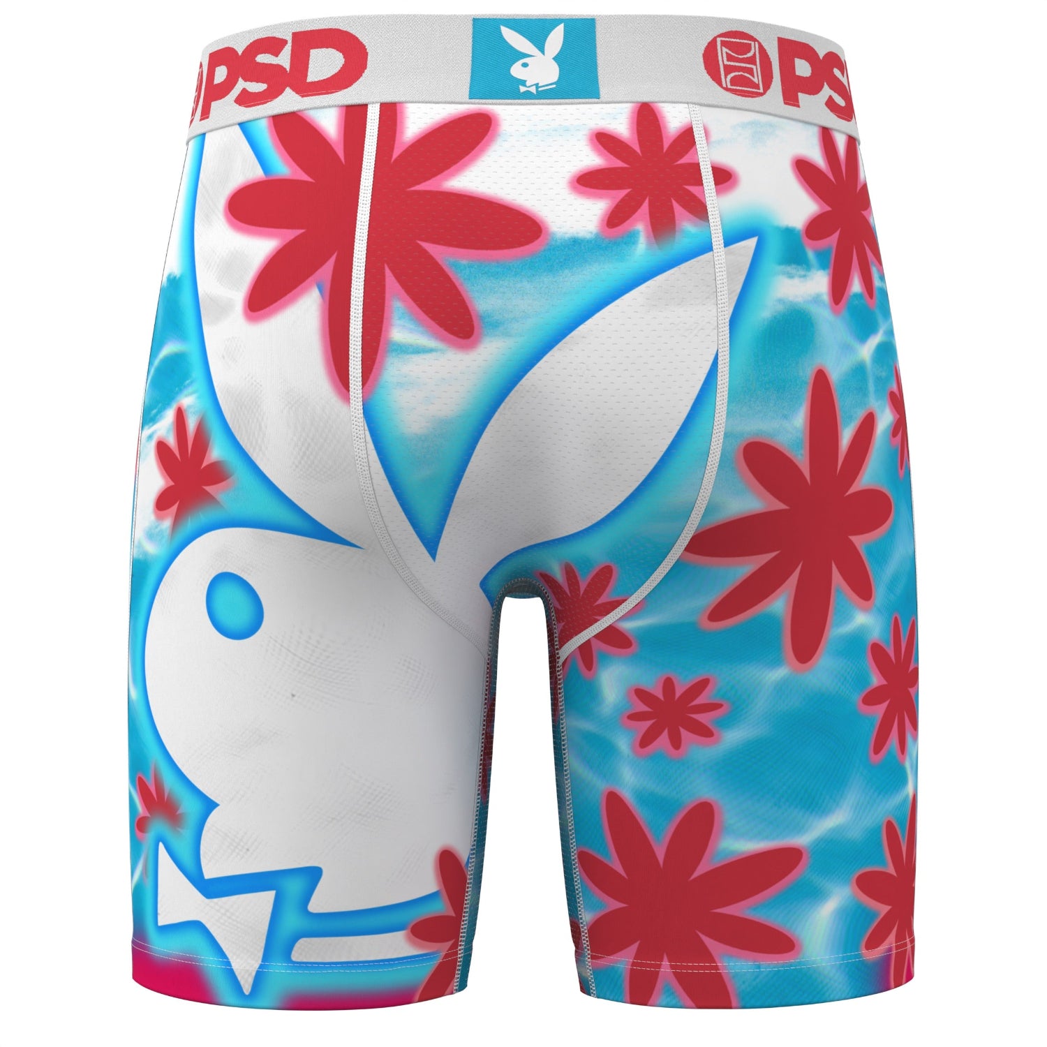 Colorful men's underwear with shark and floral design on a white background
