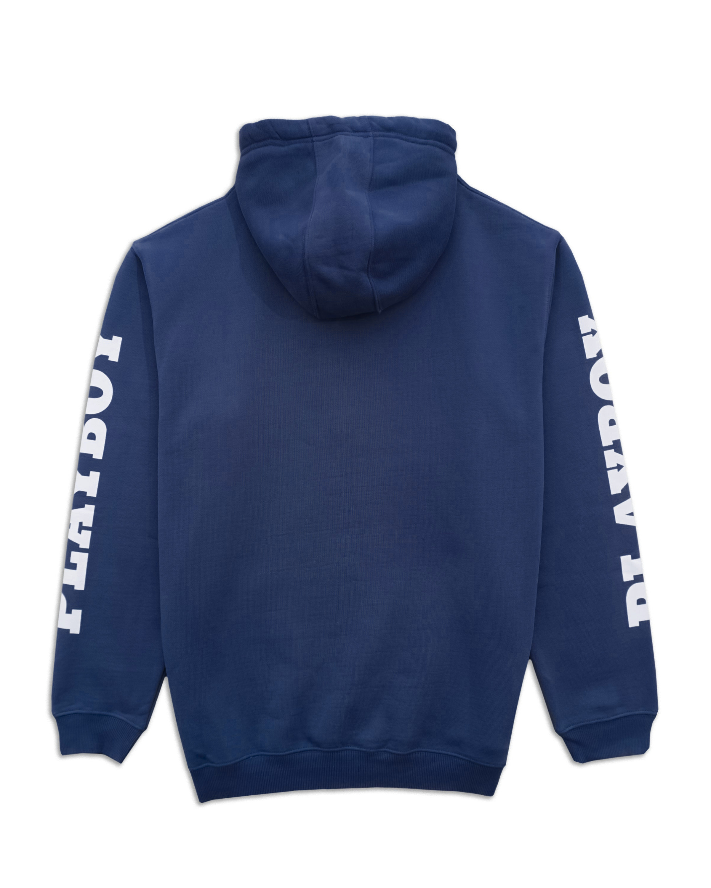 A navy blue pullover hoodie shown from the back, featuring white vertical text printed down both sleeves.