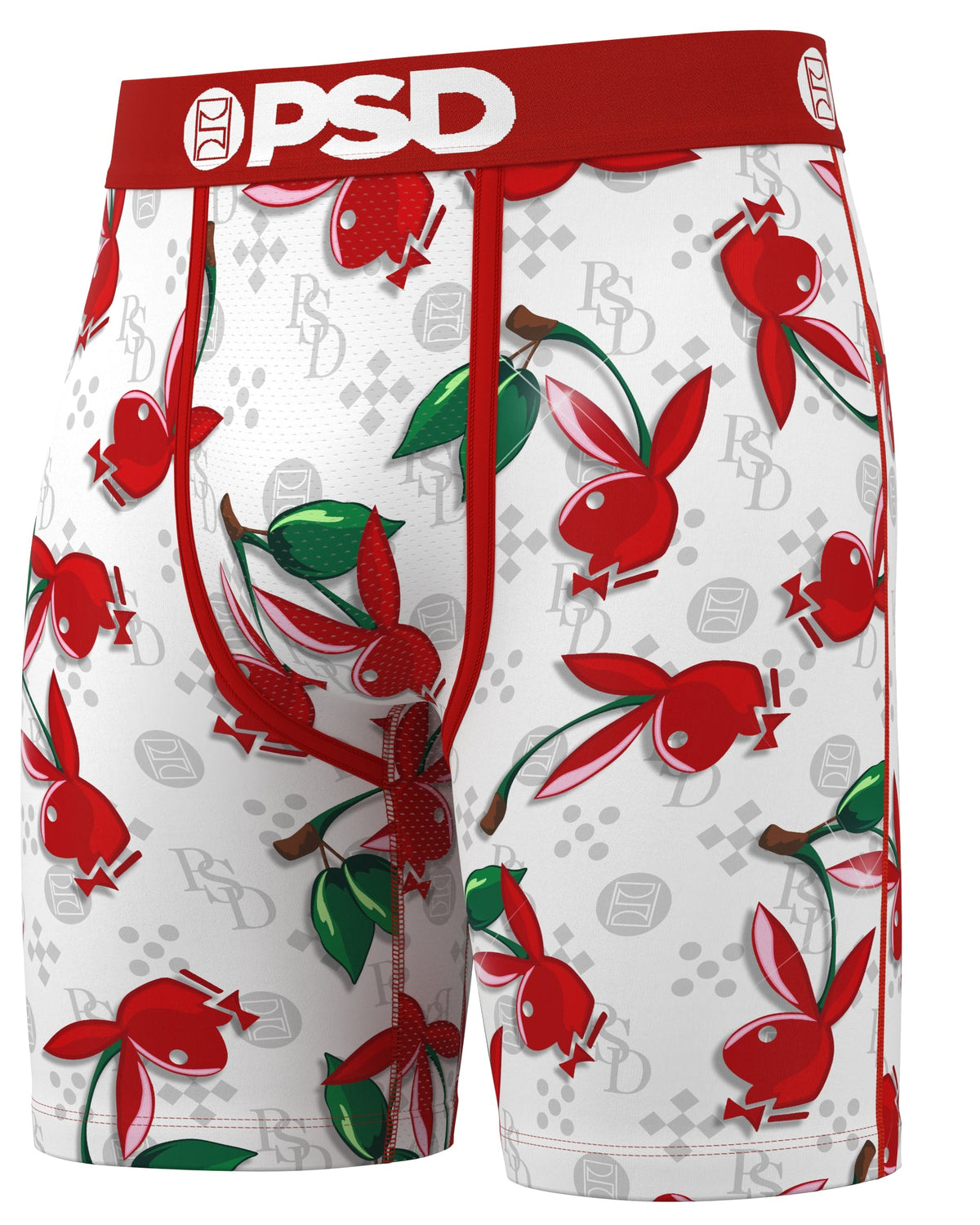 White boxer briefs featuring a red and green cherub pattern, a red waistband with 'PSD' in white, and red drawstrings, shown on a plain white background.