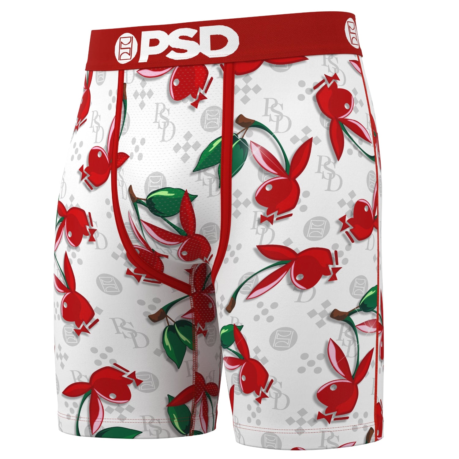 Men's boxer briefs with red cherry and bunny pattern, white background, red waistband with PSD logo