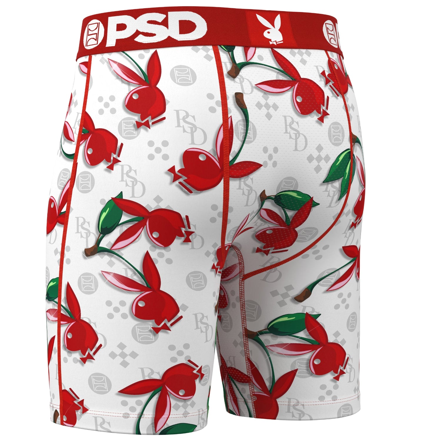 White men's boxer briefs with red waistband, cherry and bunny pattern design, PSD logo visible