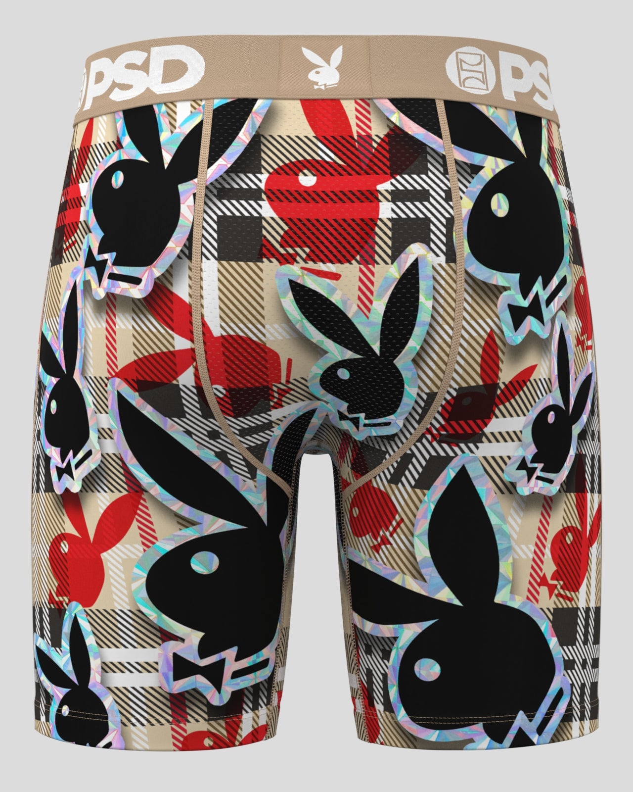 Plaid patterned underwear with Playboy bunny logo on a white background
