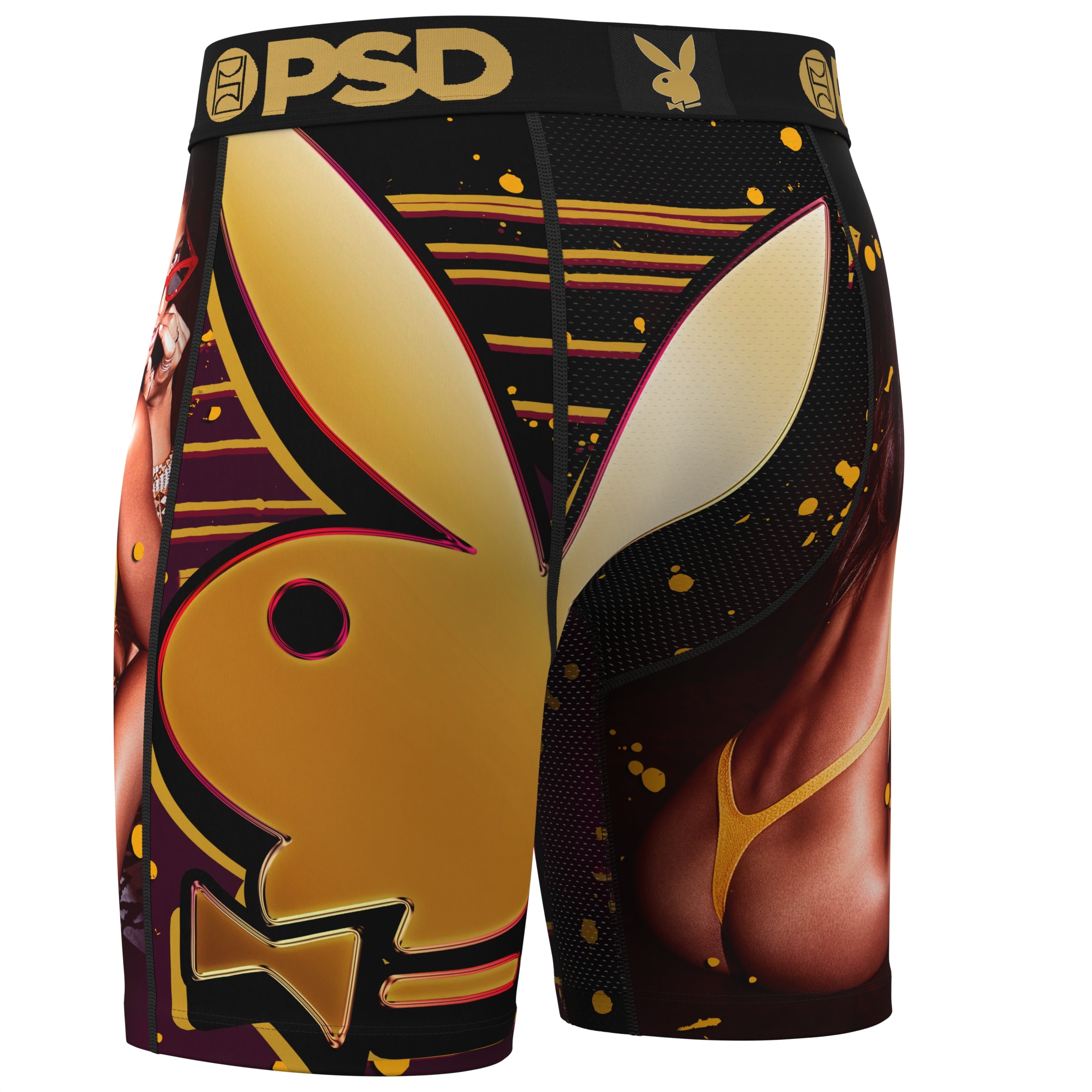 Playboy men's boxer briefs with large gold Playboy Bunny logo, black waistband, and vibrant graphic design