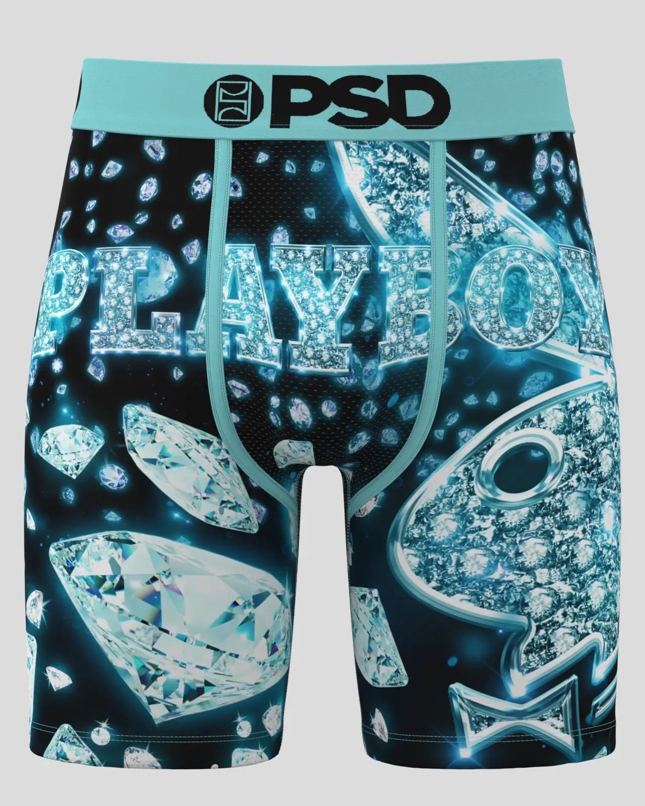 Playboy branded boxer briefs with diamond and fish design on a light blue waistband.