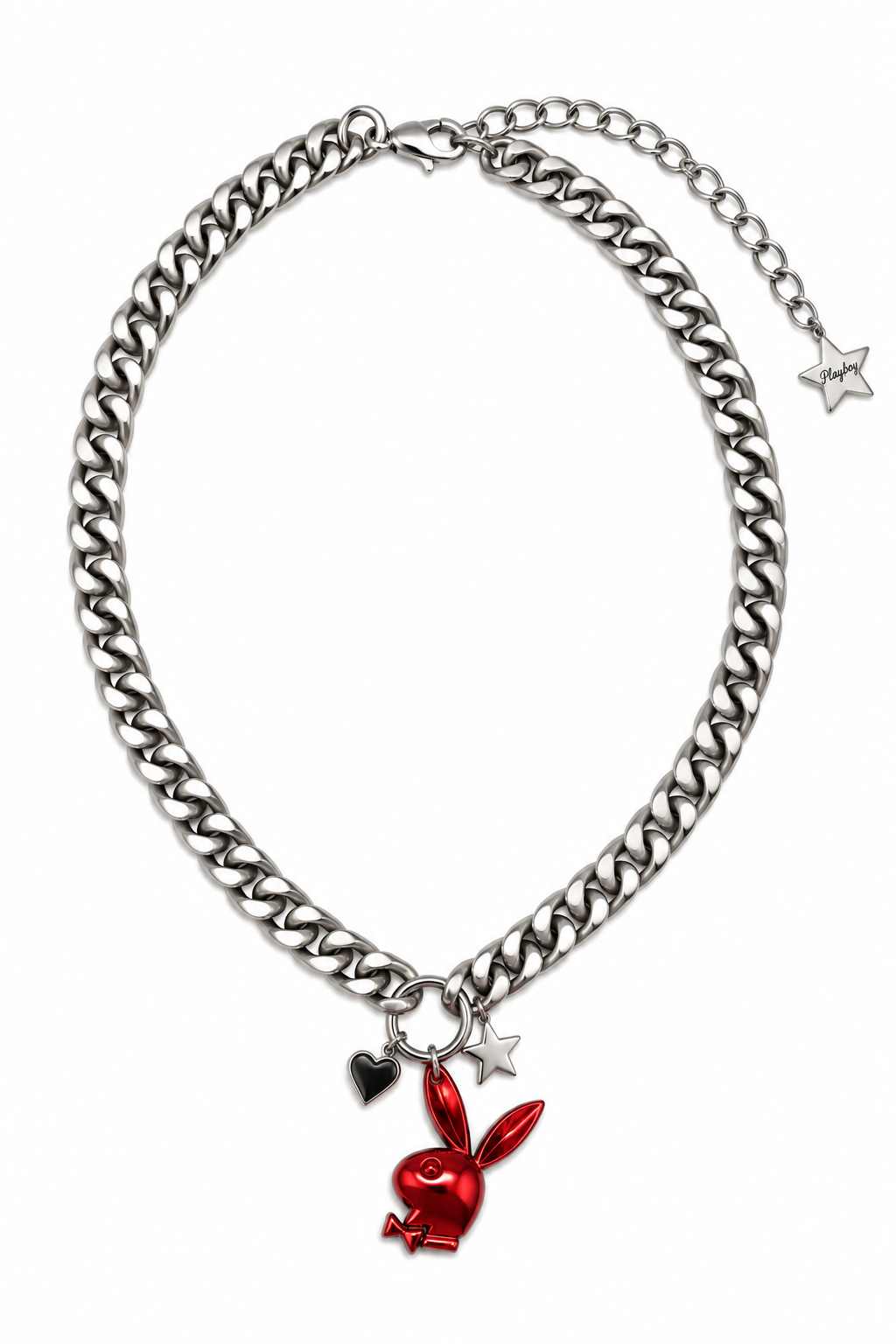 A silver-toned metal chain necklace featuring a red enamel bunny charm, a small black heart charm, and silver star charms, displayed on a clean white background.