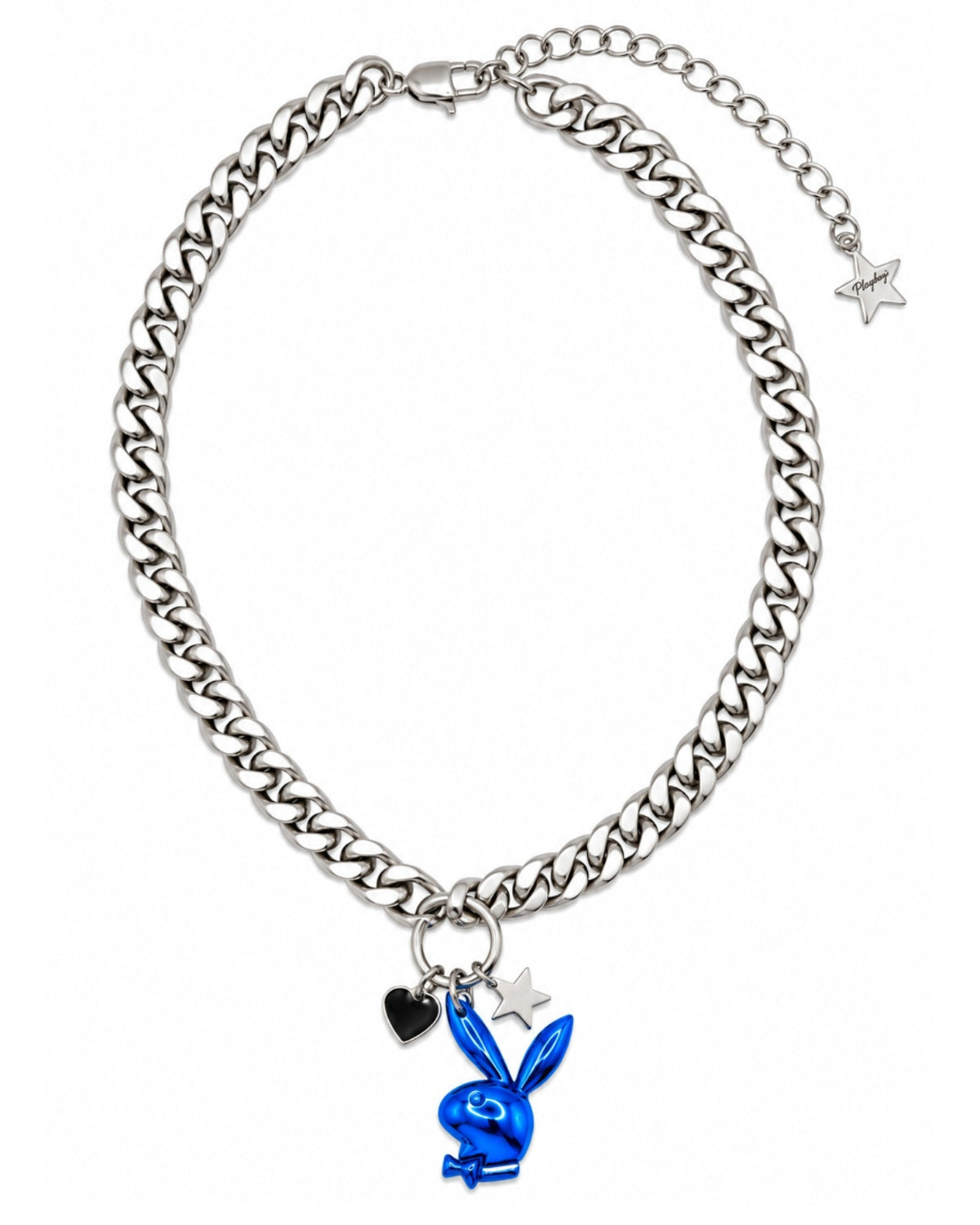 A silver-tone curb chain necklace featuring a blue enamel Playboy bunny charm, a small black heart charm, and a silver star charm, displayed on a clean white background.