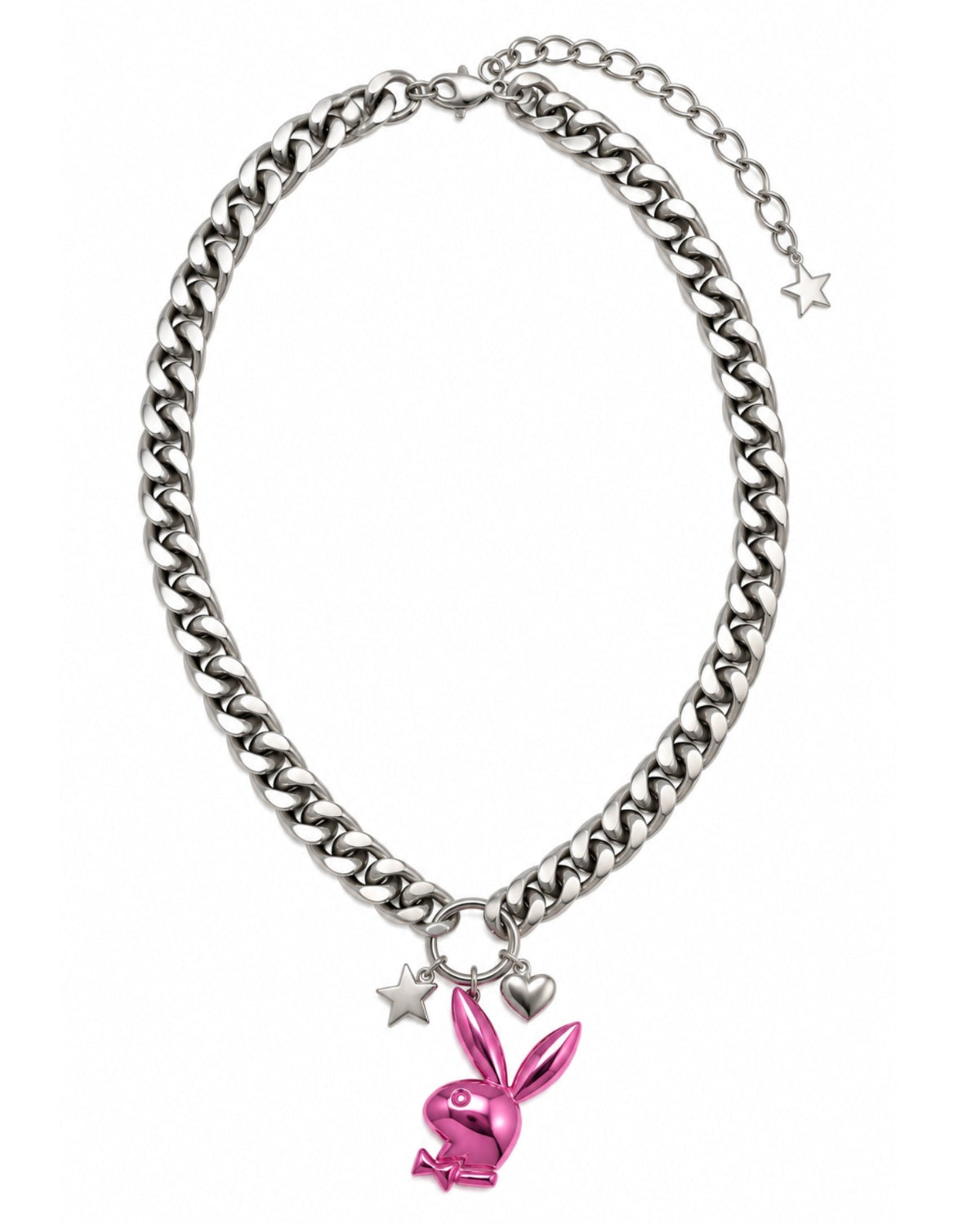 A silver-tone chain necklace featuring a dangling metallic pink bunny charm, accompanied by small silver star and heart charms, shown on a plain white background.