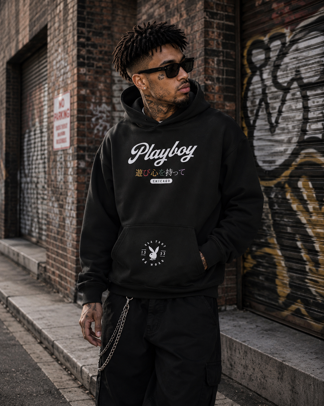 A man wearing a black Playboy hoodie and black pants stands on a city sidewalk against a brick wall and graffiti-covered metal door. The hoodie has a large white Playboy logo on the chest and a white rabbit logo patch on the front pocket. #Streetwearmen
