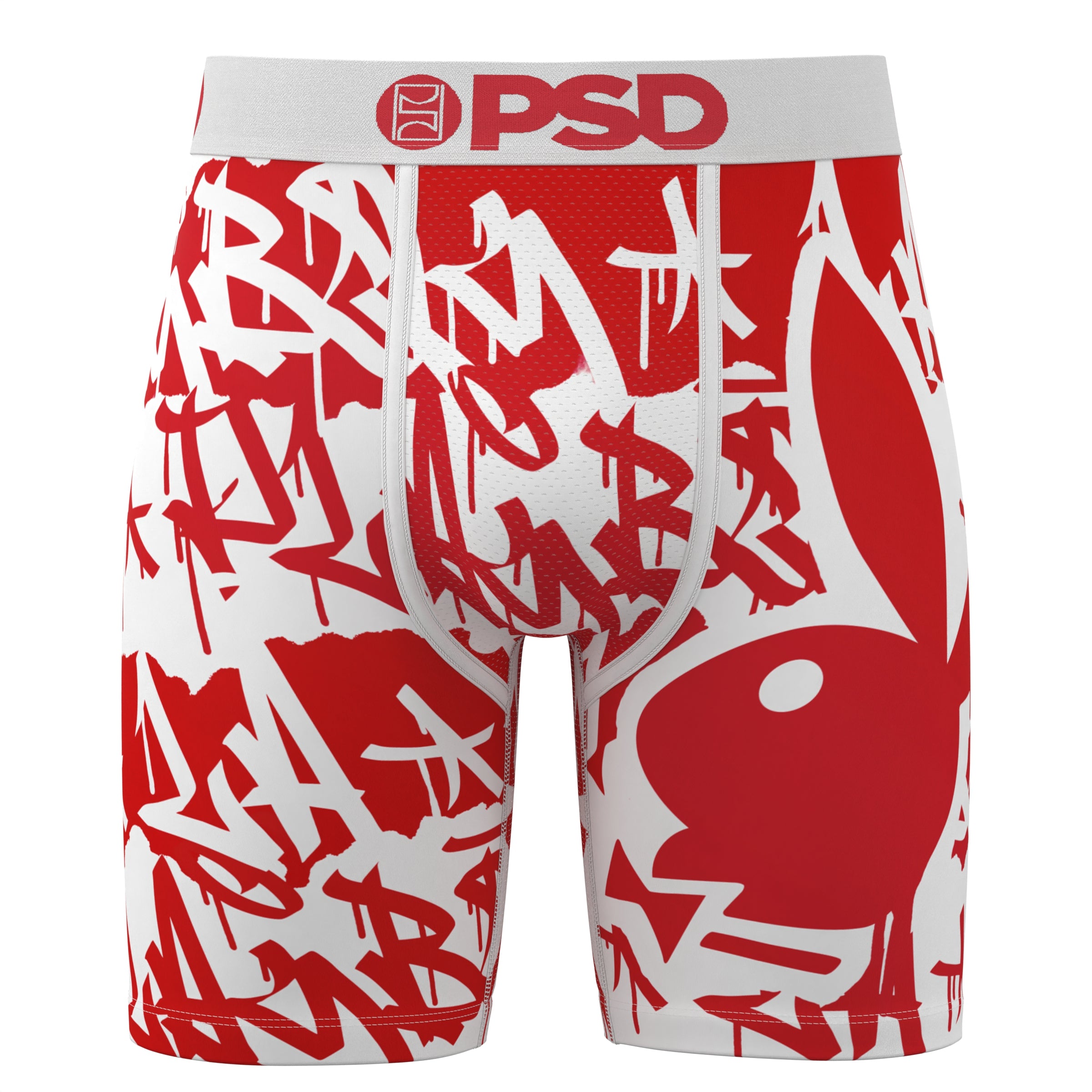 Red and white PSD boxer briefs with bold graffiti and Playboy bunny logo, men's underwear