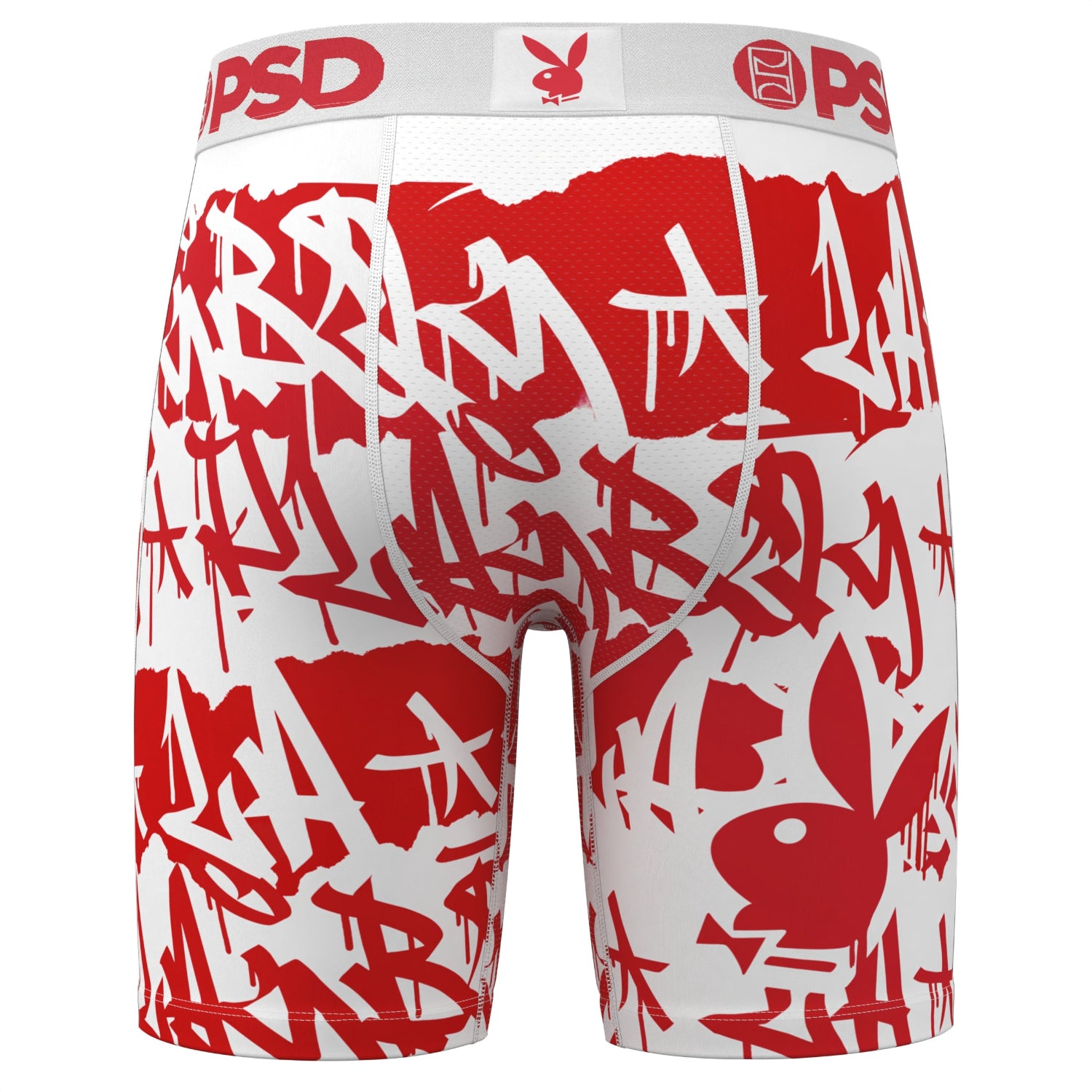 Men's white boxer briefs with bold red graffiti print and bunny logo on waistband and leg