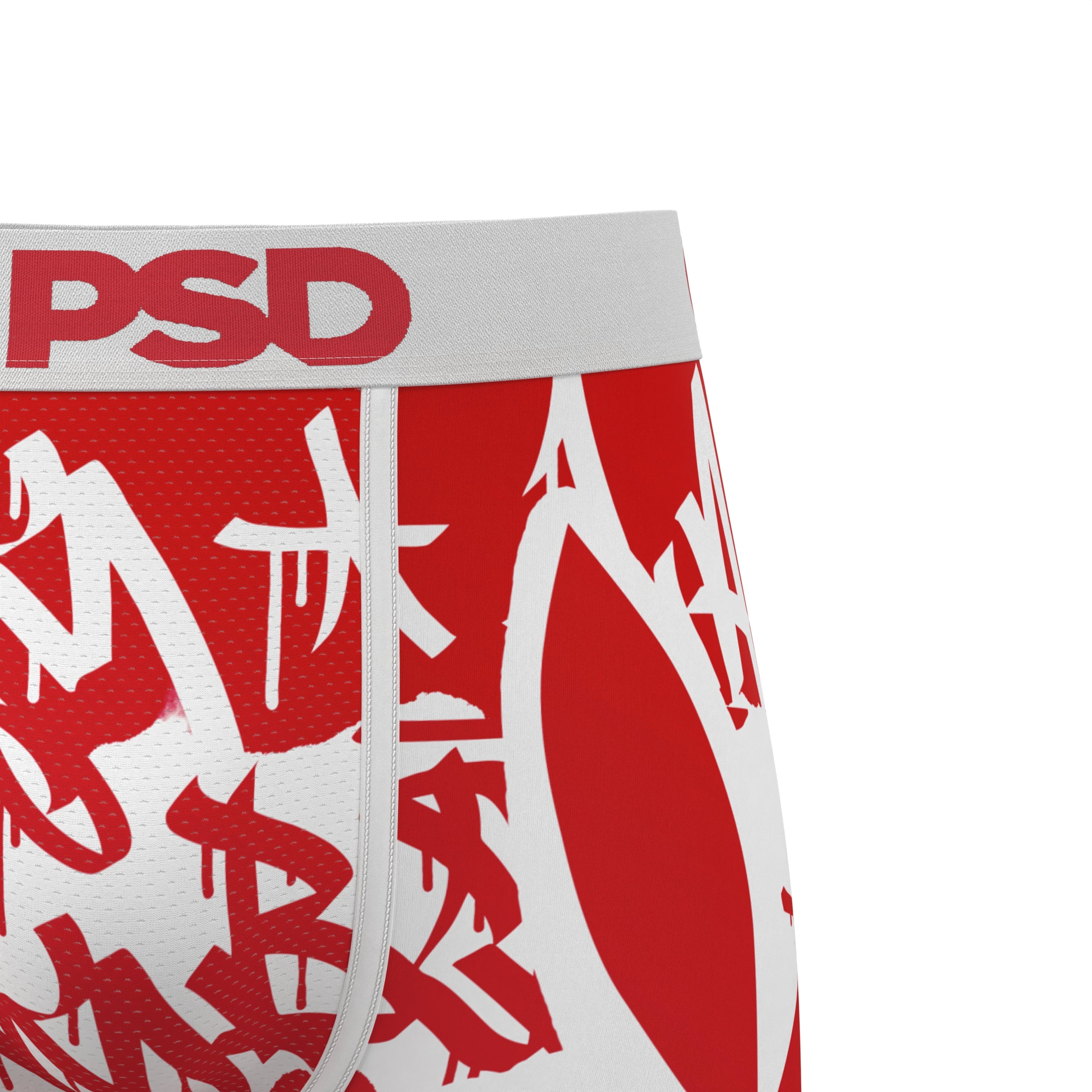 Red and white Playboy men's boxer briefs with graffiti print and grey PSD waistband