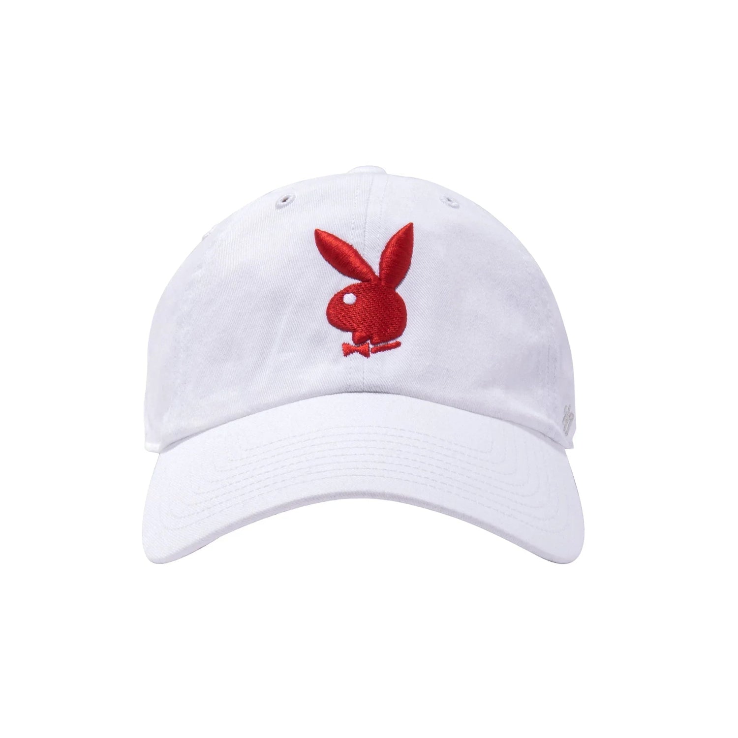 White adjustable dad hat with red bunny logo embroidered on the front, isolated on white background