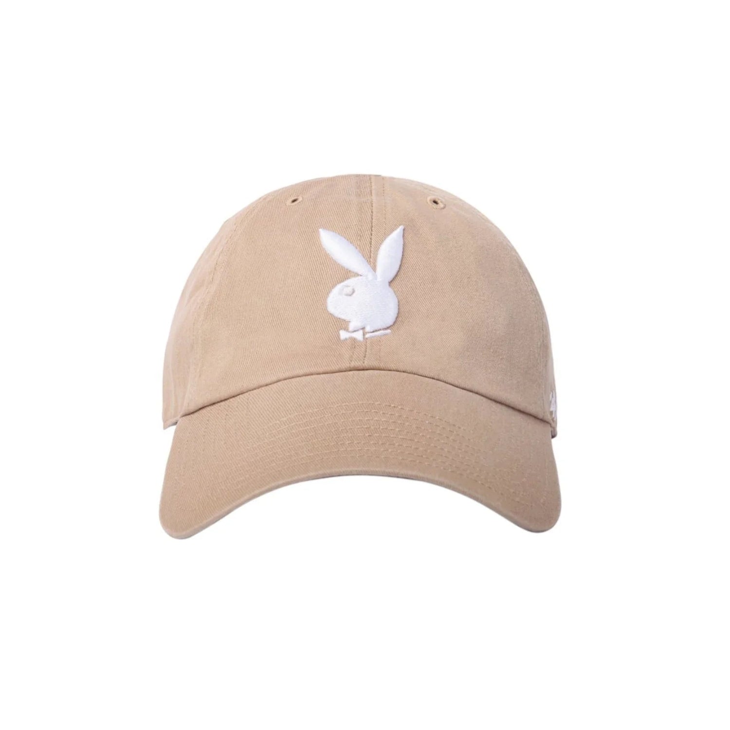 Tan adjustable dad hat with white bunny logo embroidery on front, curved brim