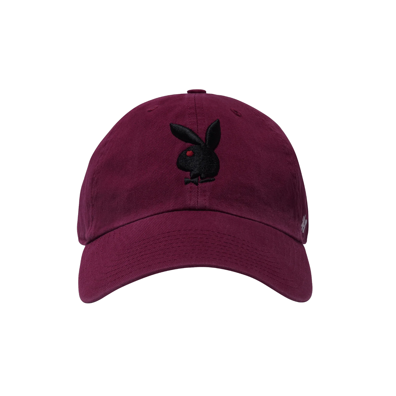 Burgundy adjustable dad hat with black rabbit logo embroidery on front.