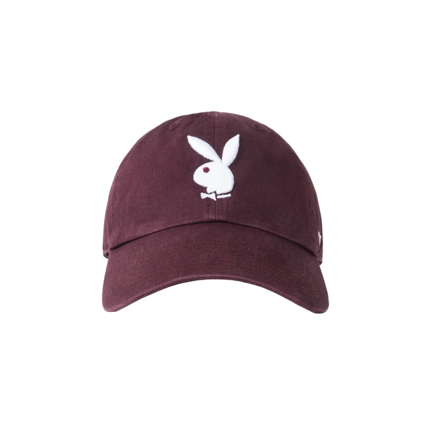 Burgundy adjustable dad hat with white embroidered bunny logo on front
