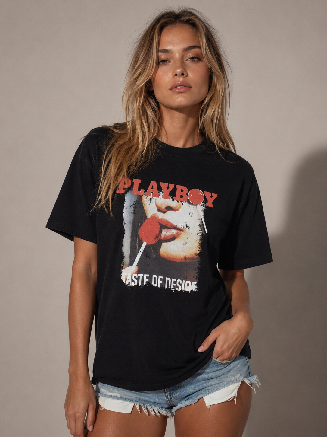 A woman modeling a black Playboy graphic t-shirt with a red and white print, paired with denim shorts, against a neutral gray studio background. #Women