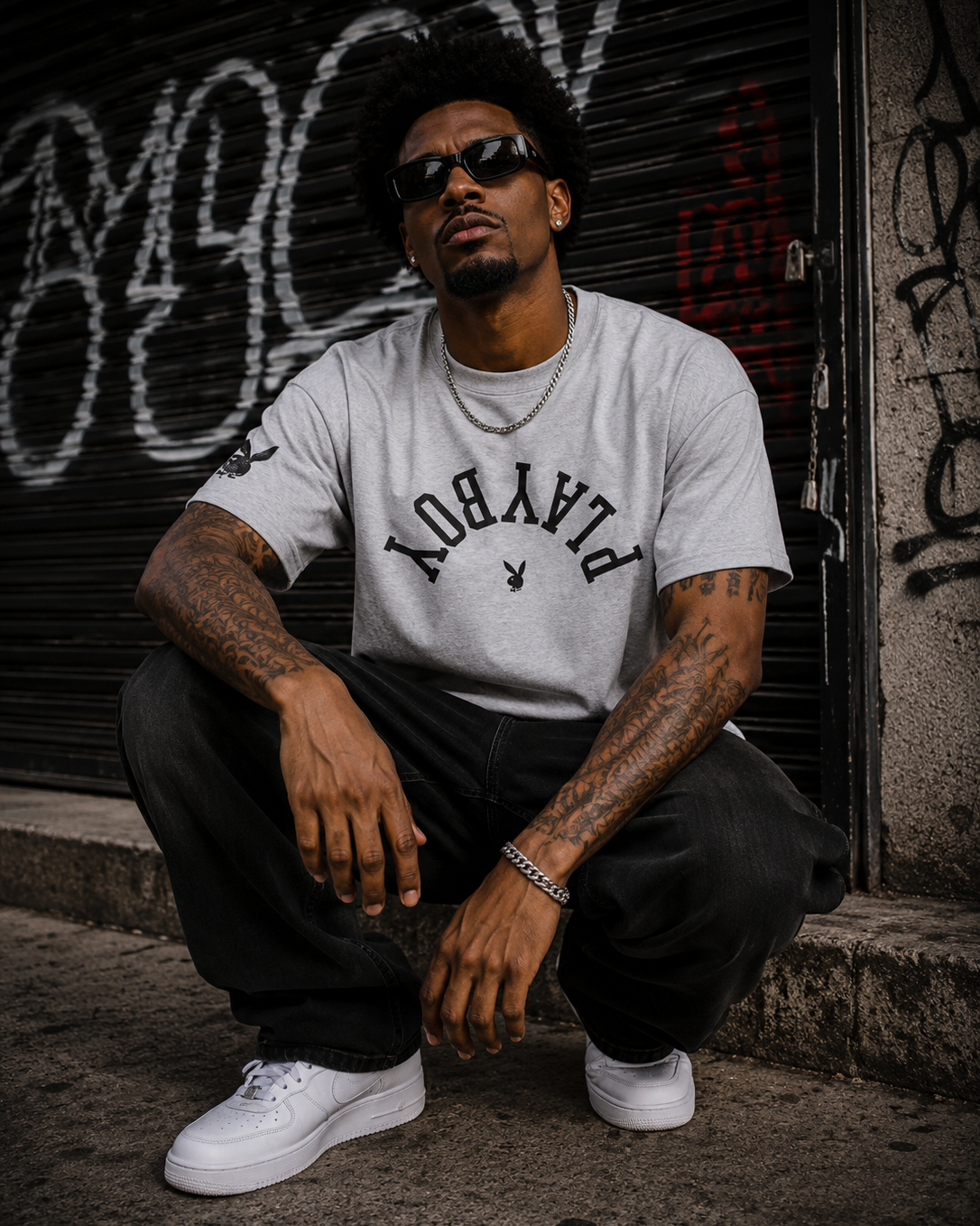 A man wearing a light gray Playboy t-shirt, black pants, and white sneakers crouches in front of a graffiti-covered metal shutter. #Streetwearmen