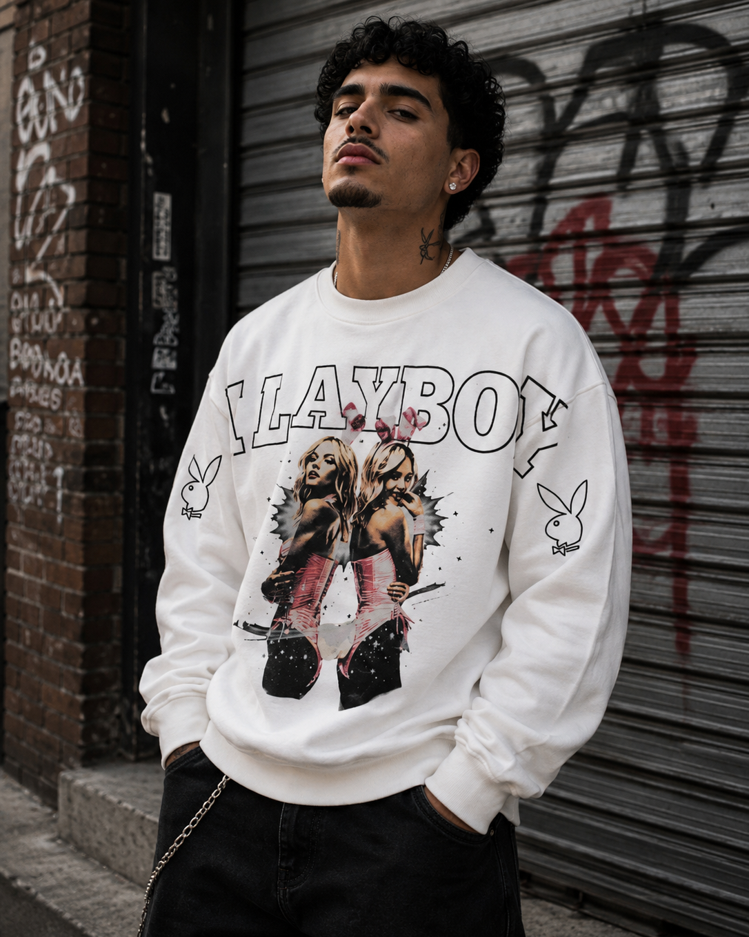 A man wearing a white Playboy sweatshirt with a large graphic print on the front, standing in front of a graffiti-covered metal shutter. #Streetwearmen