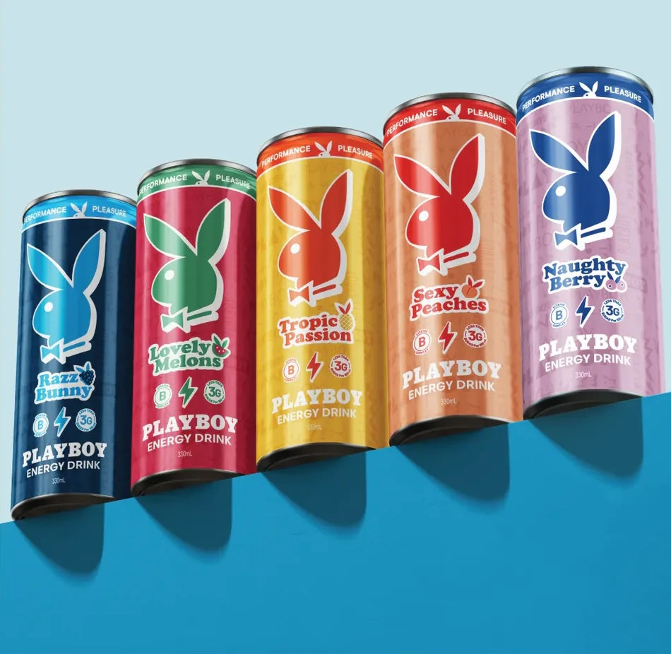 Five cans of Playboy energy drink on a blue background