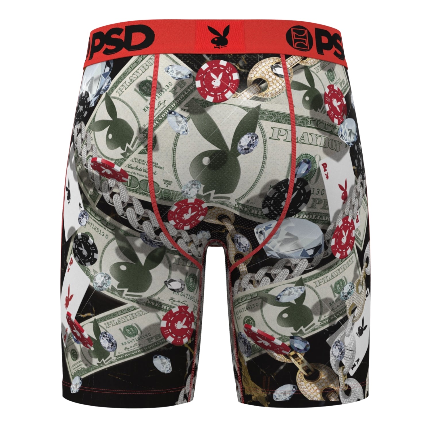 Boxer briefs withPlayboy logo and money-themed design on a white background