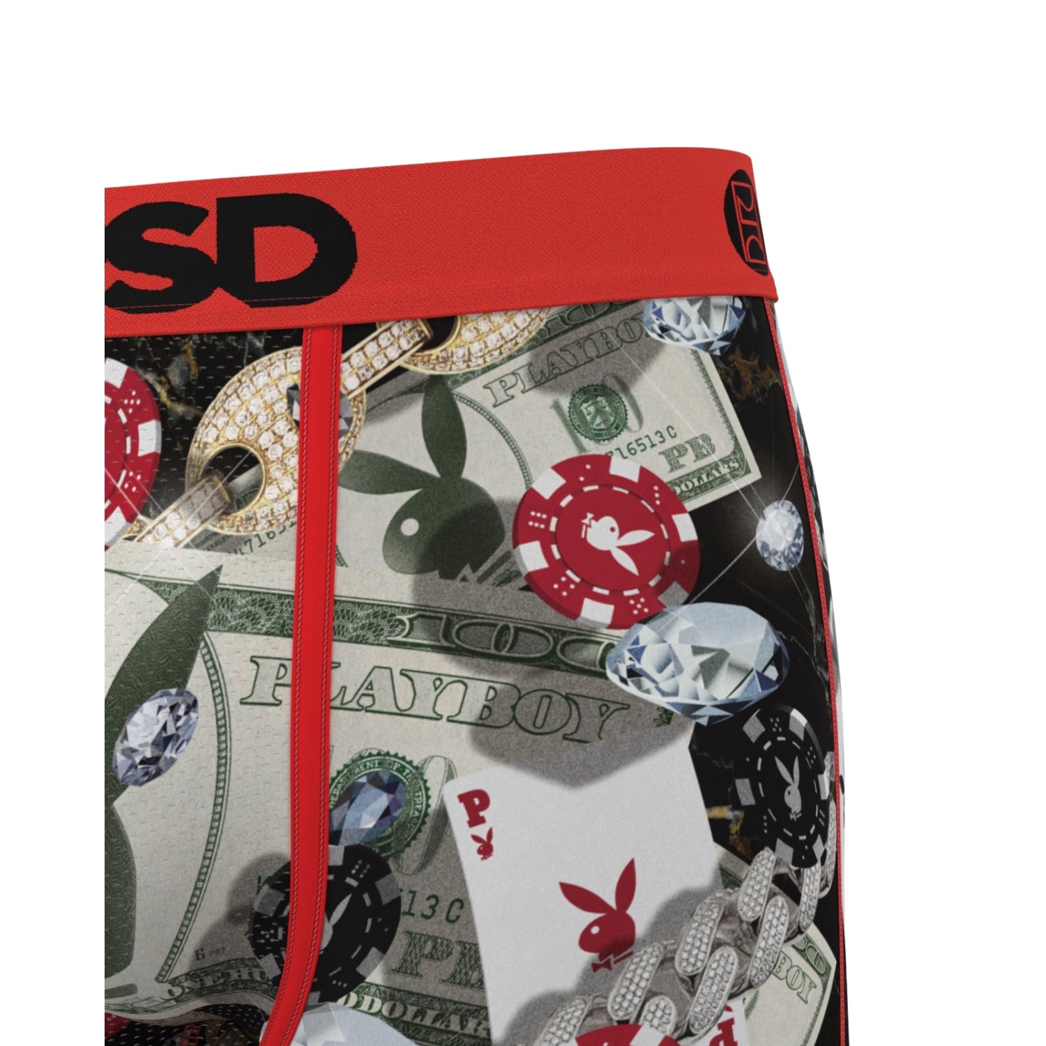 Boxer briefs with a red waistband featuring dollar bills, Playboy logo, and other graphics on a white background.