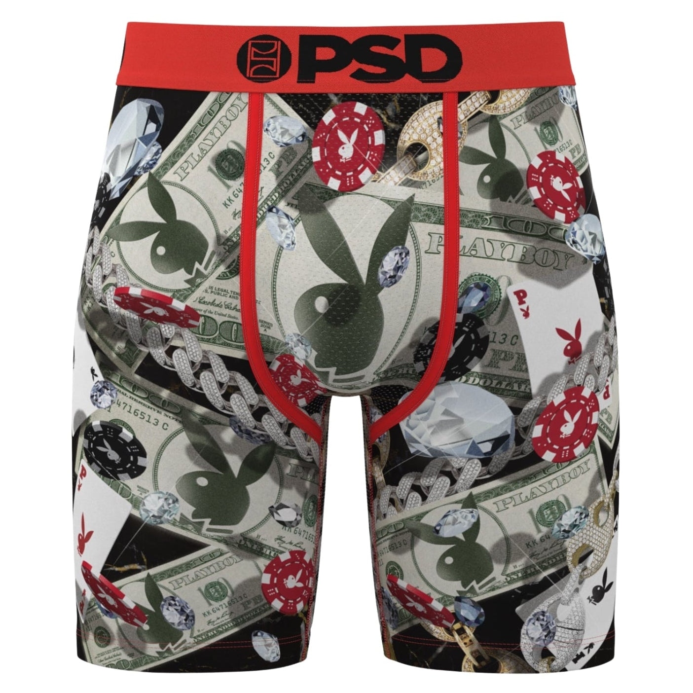 Boxer briefs with Playboy and dollar bill design on a white background
