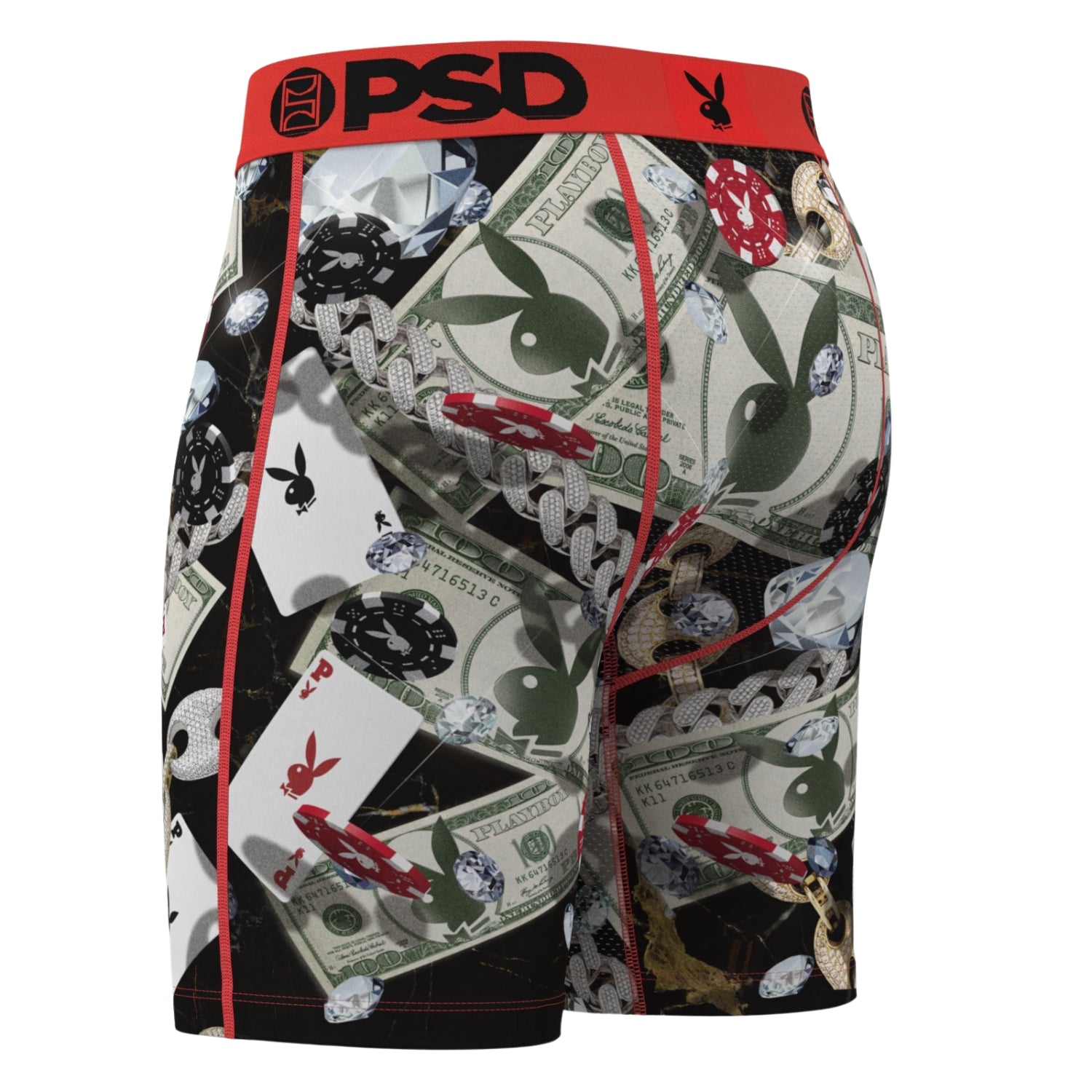 Men's underwear with money and card design on a white background