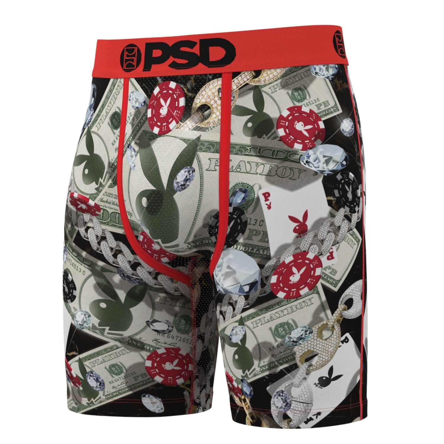Boxer briefs with a money-themed pattern and red waistband on a white background