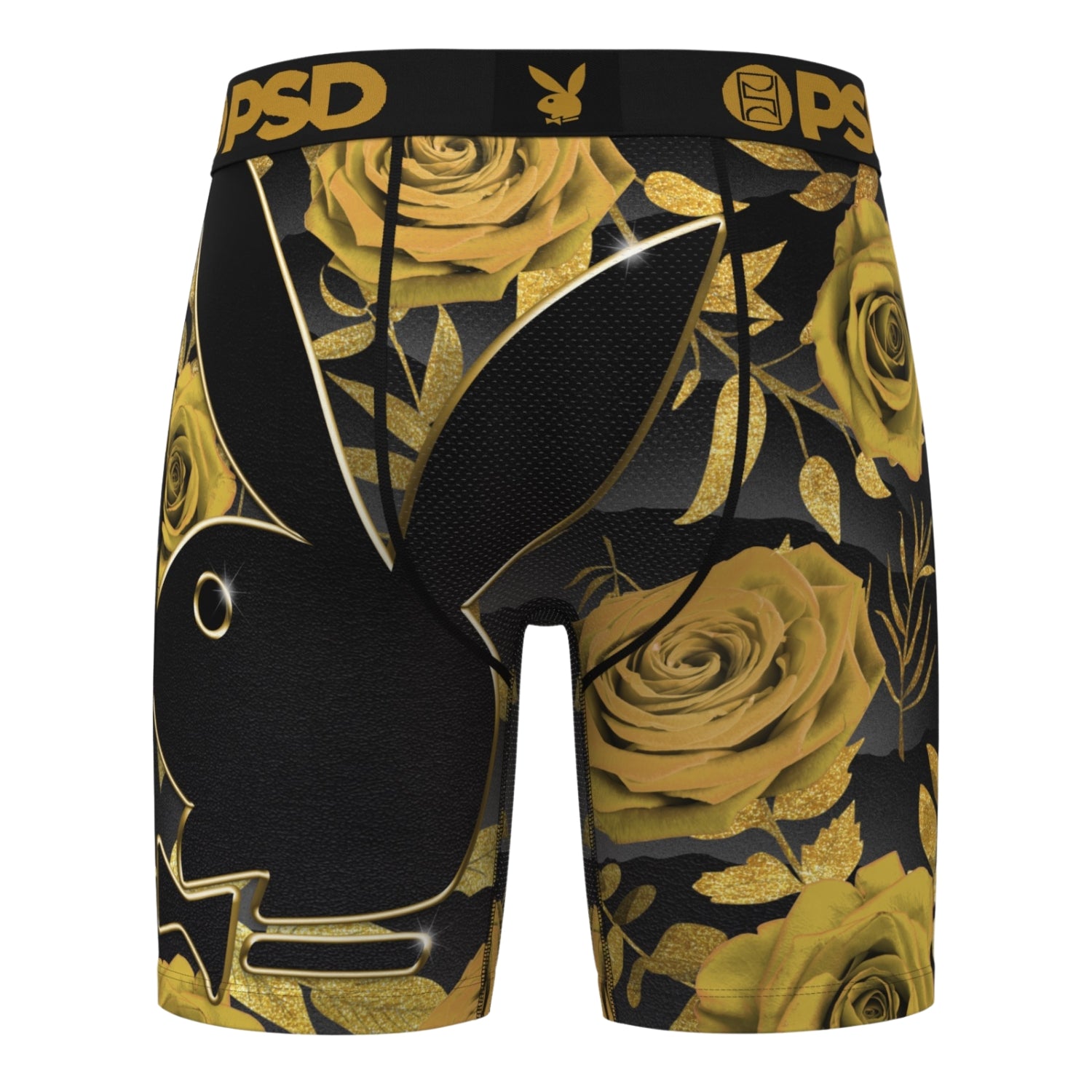 Black and gold floral-patterned underwear with 'PSD' branding on a white background