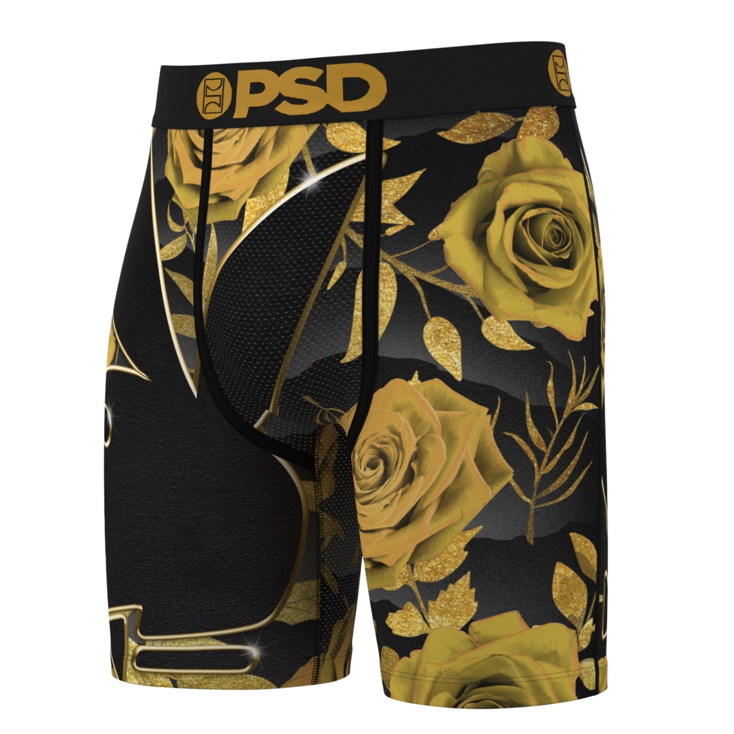 Black boxer briefs with gold floral pattern and 'PSD' branding on a white background