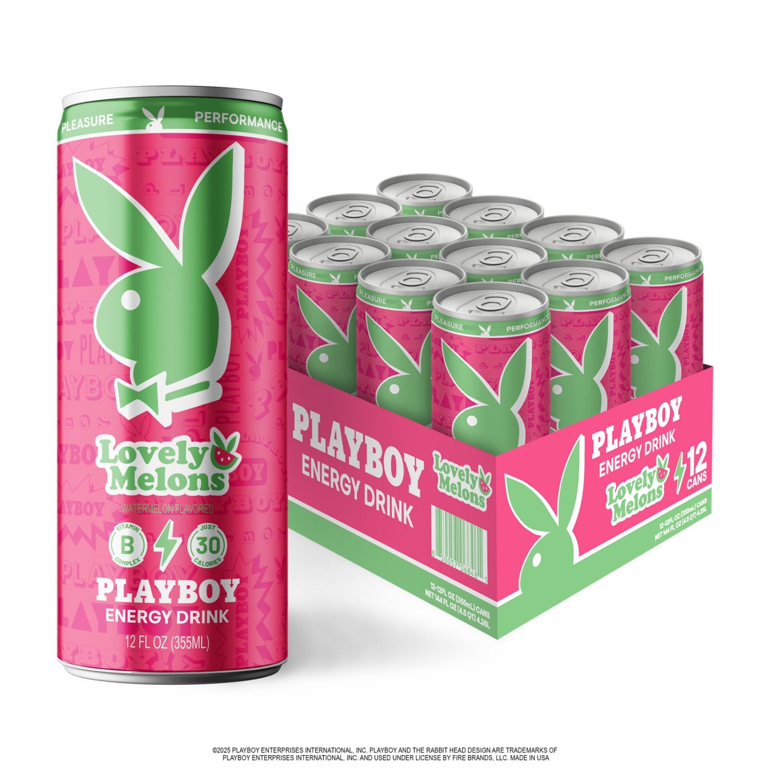 Playboy energy drink can and box on a white background