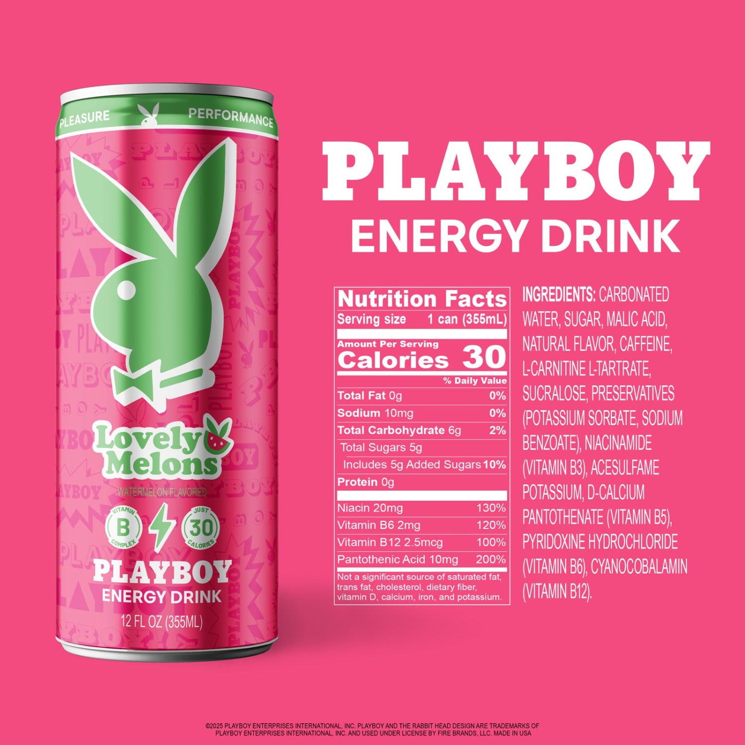 Playboy energy drink can with nutrition facts on a pink background