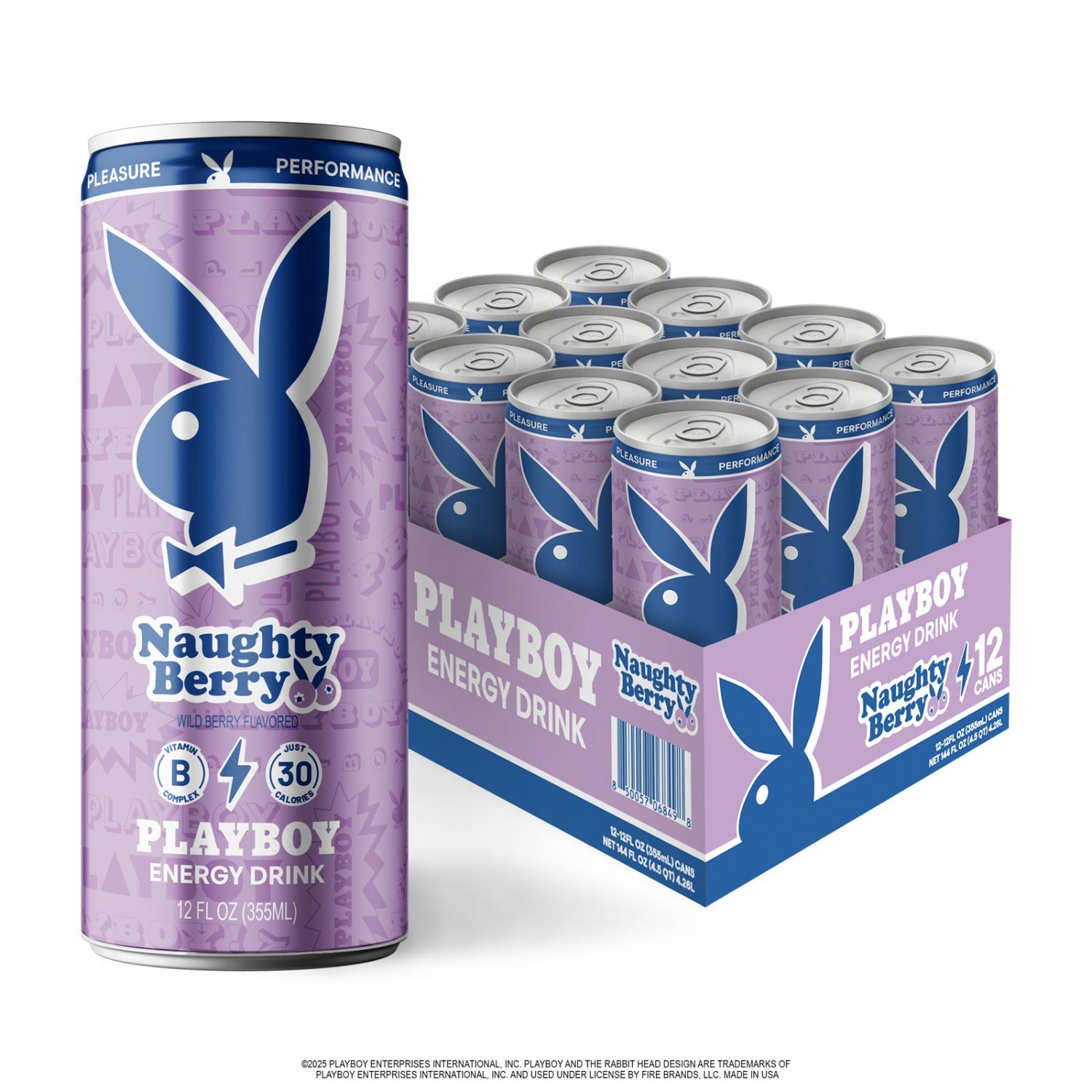 Playboy Naughty Berry energy drink can and packaging on a white background